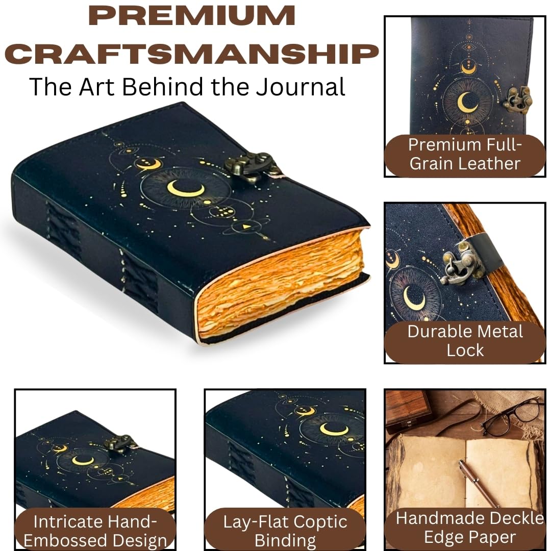 Galaxy Dreams Leder-Tagebuch – Exquisites handgefertigtes Vintage-Notizbuch mit antikem Büttenrand, geprägtes Design mit himmlischem Mond und Stern, luxuriöses ledergebundenes Tagebuch mit sicherem
