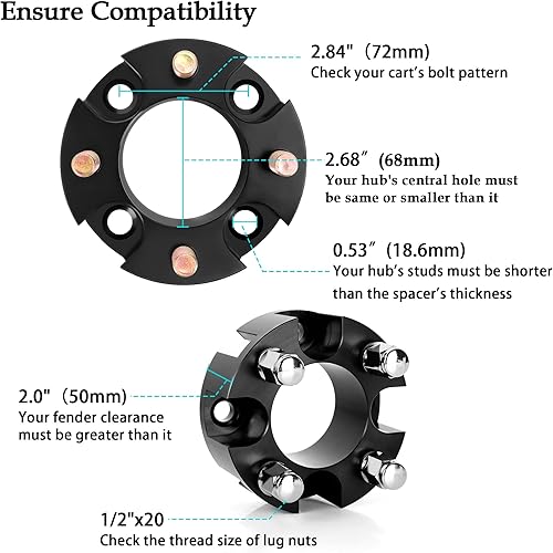 Miniatura 10 de 10L0L Espaciadores de rueda para carrito de golf de 2 pulgadas para Yamaha, EZGO, Club Car (patrón de pernos de 0.157 x 2.835 in, orificio de cubo