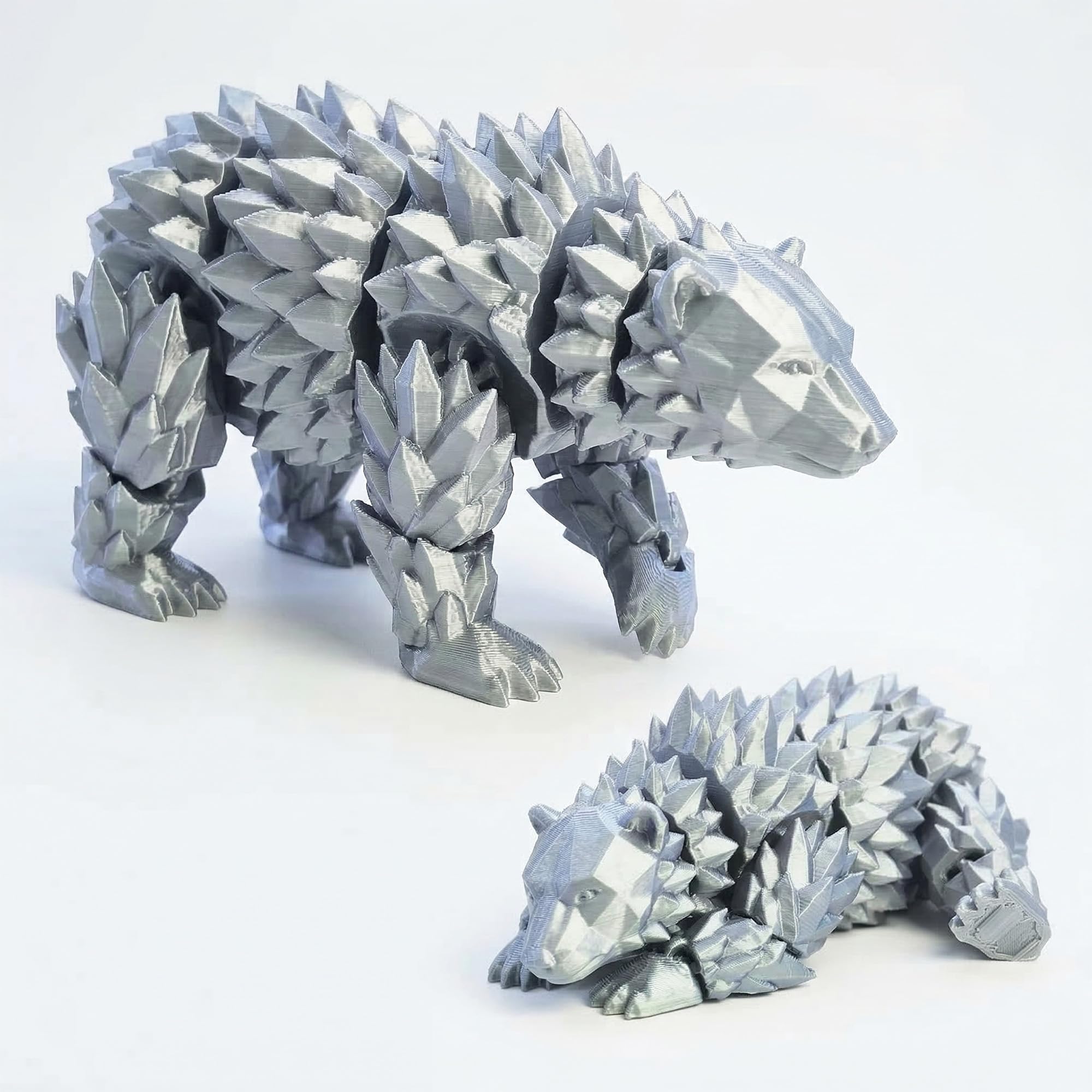 Articulated Crystal Bear Figurine, 3D Printed Flexible Joint Animal Sculpture, Decorative Desk Ornament for Home Office, Bookshelf & Shelf Decor (Silver,S)