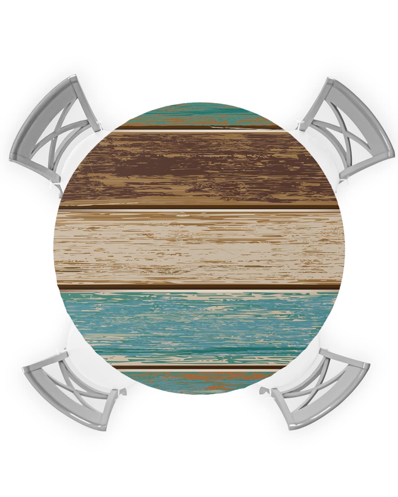 Teal Wood Grain Round Tablecloth with Elastic Retro Teal Brown Wooden Board Farm Barn Waterproof Stain-proof Table Cover Wipeable Fitted Table Cloth for 45