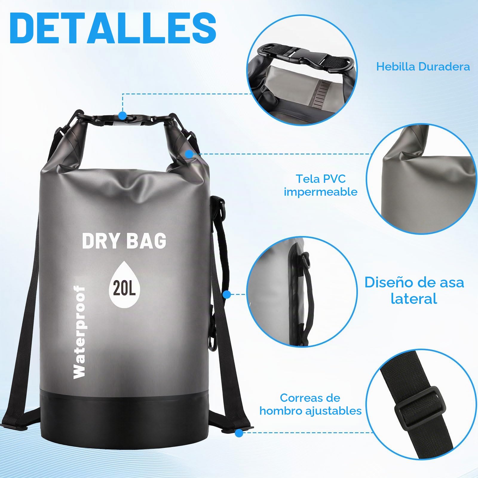 Dry Bag 20L Bolsa Estanca con Riñonera Impermeable y Funda para Móvil | PLCatis Mochila Estanca Waterproof Dry Bag Backpack para Barcos Kayak Sup Deportes Acuáticos y Camping - Negro