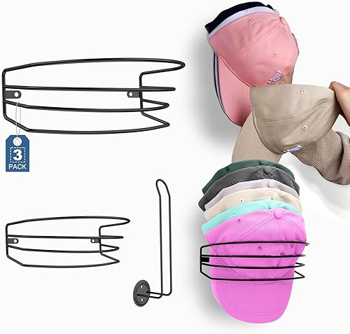 MATELOTI Perchero para sombreros para pared y puerta, paquete de 3 organizadores de sombreros para gorras de béisbol, soporte de ganchos de acero