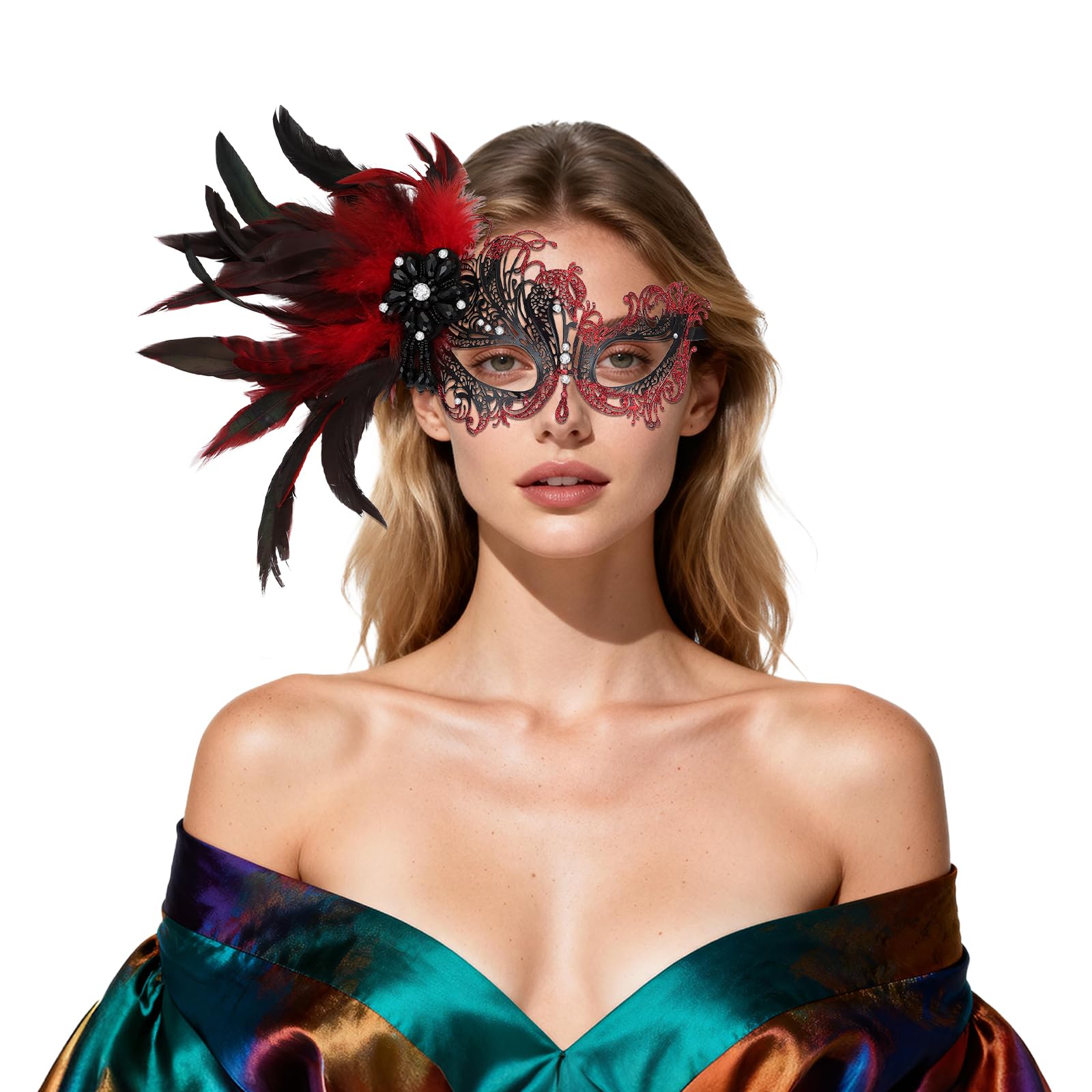 JewelryWe Women's Feather Masquerade Mask: Venetian Antique Mardi Gras Half Face Masks with Rhinestone for Costume Parties - Image 3