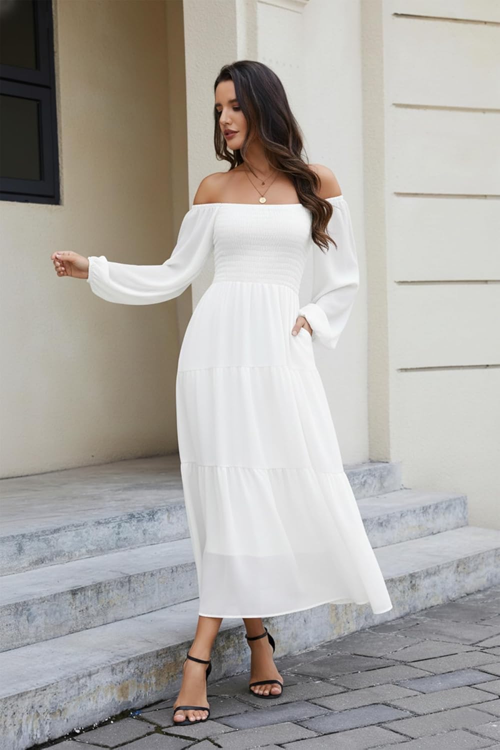Boho Maxi Dresses for Women 2025 Long Sheer Sleeve Smocked Square Neck Chiffon Tiered Flowy Wedding Guest Fall Dress - Image 3