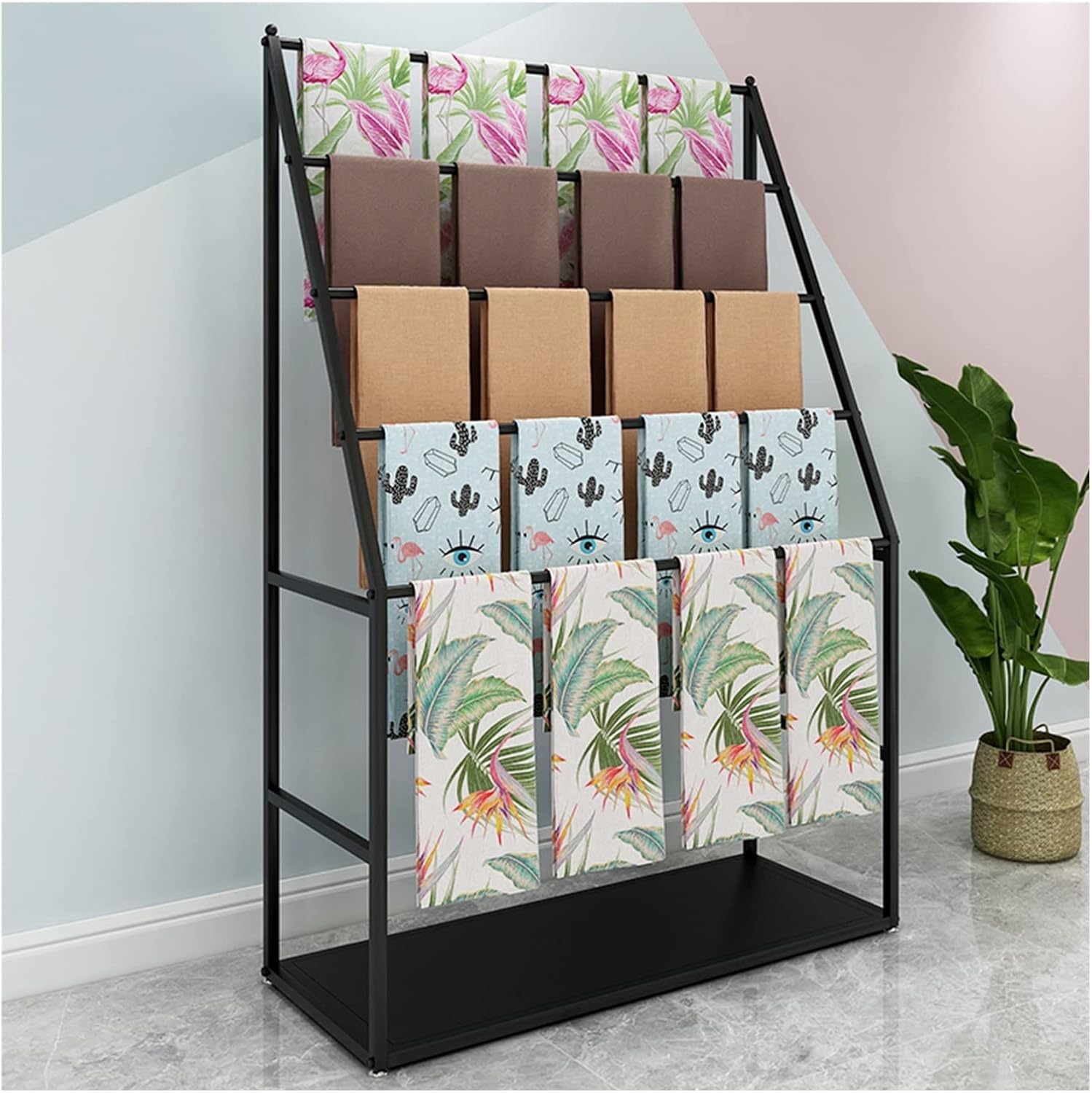 Shawl Fabric Trousers Ties Holder Shelf Show Rack， Freestanding Display Wrapping Paper Organizer with Non-Slip Footbed for Scarves Craft Ribbon(Black,80cm/31.4in)