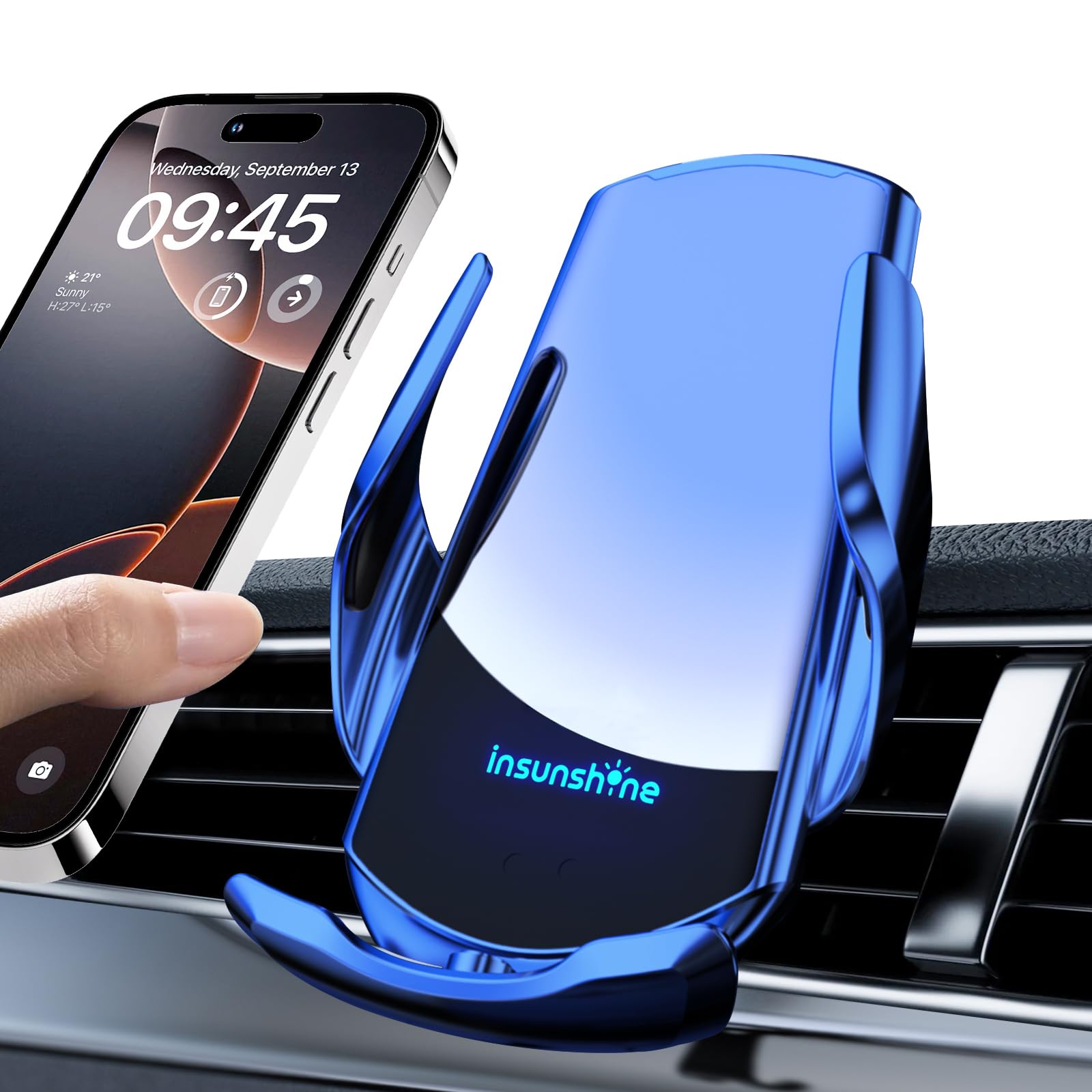 insunshine Wireless Car Charger, MAX 15W Fast Charging Auto Clamping, Sensing Phone Holder Mount, fit for iPhone 16 15 14 13 12 Pro Max Xs X, Samsung Galaxy S24 Ultra S23 S22 S21 S20 Note 20 (3-Blue)