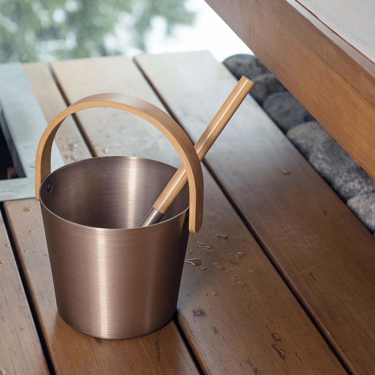 Louche de Sauna Aluminium Bambou Résistante à la Chaleur Champagne 43 cm
