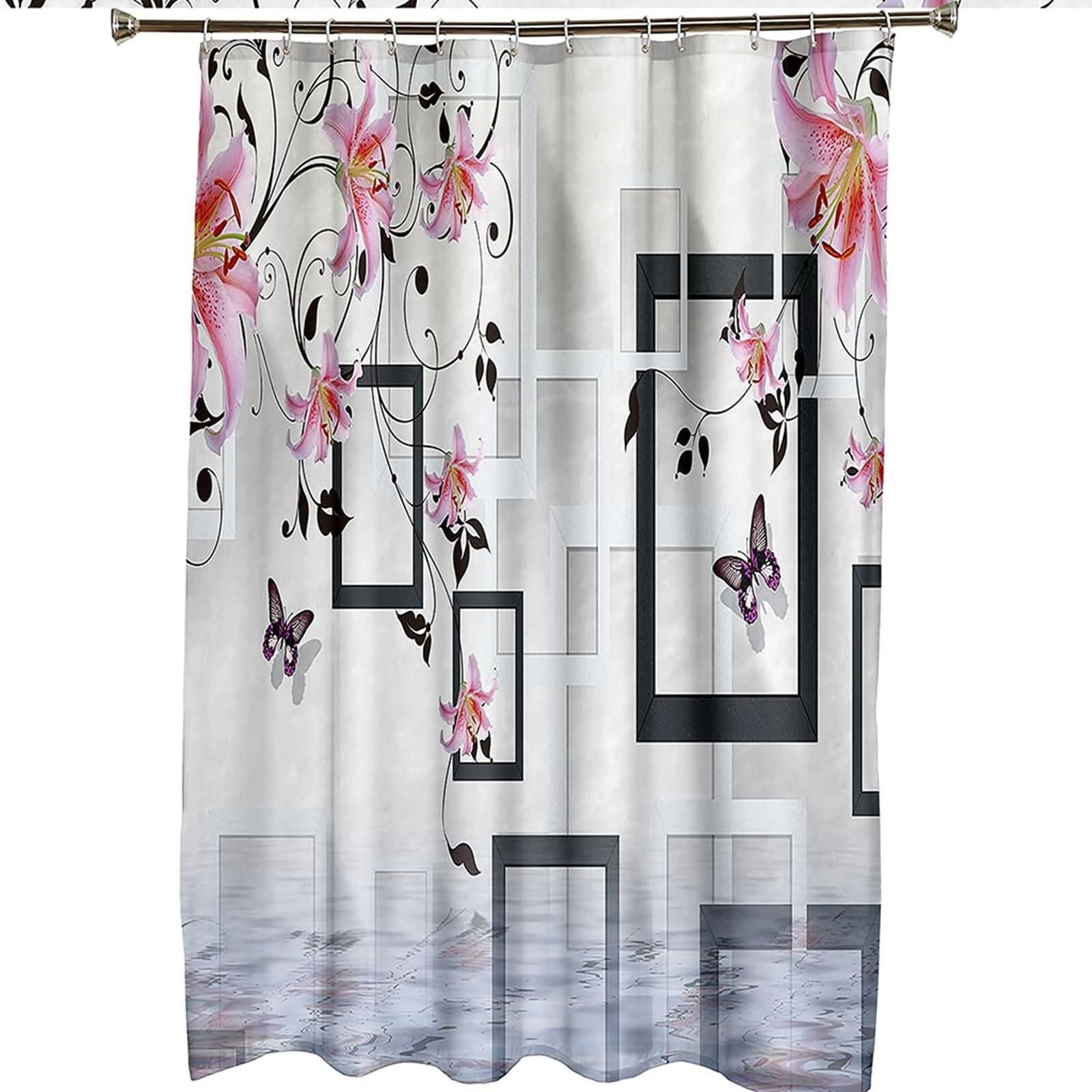 Tenda da bagno per doccia, vasca da bagno, tenda da doccia geometrica floreale farfalla, bianco, rosa, nero, poliestere, 180 x 200 cm