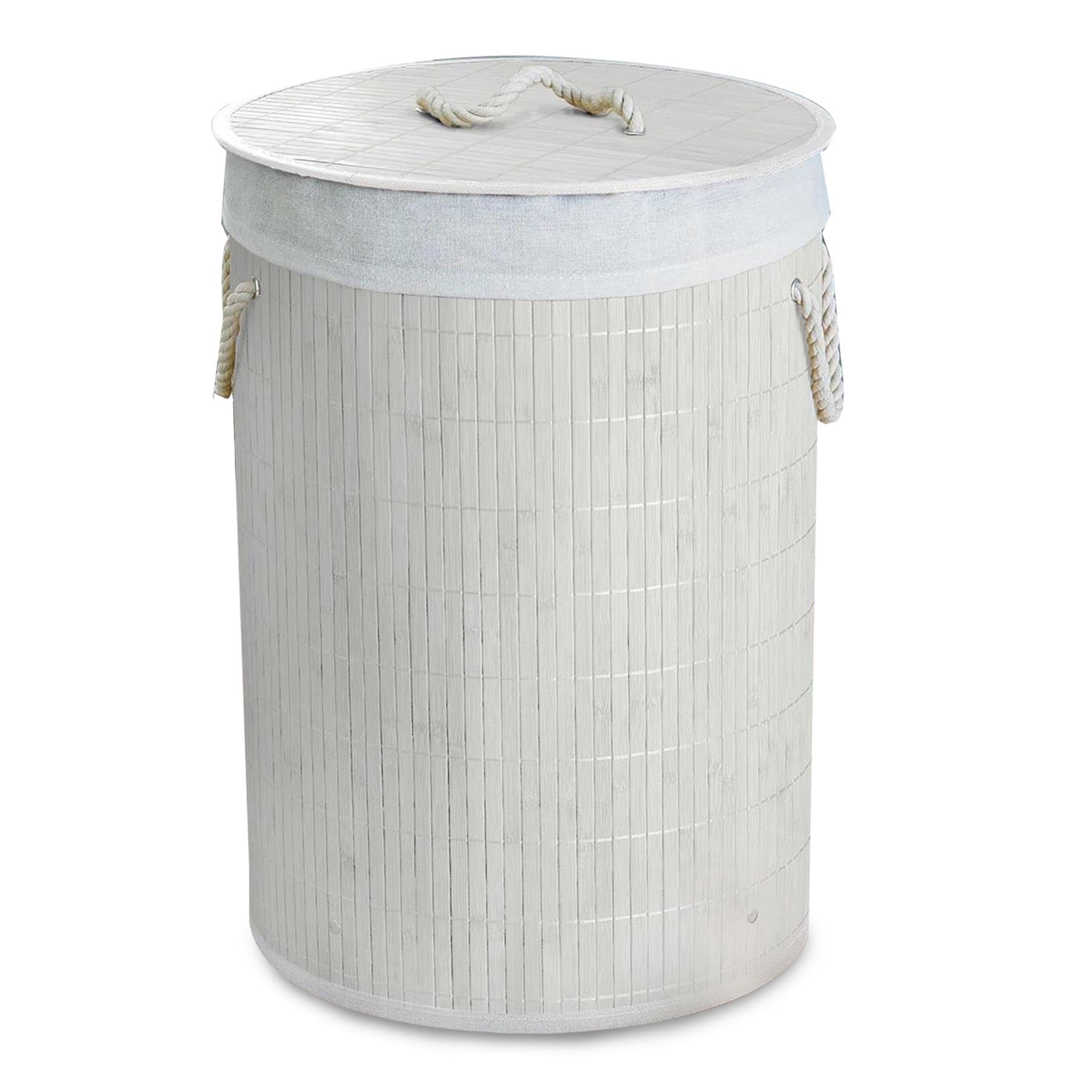 Geezy Bamboo Laundry Basket With Lid & Liner Foldable Round Clothes Bin Hamper 75L White