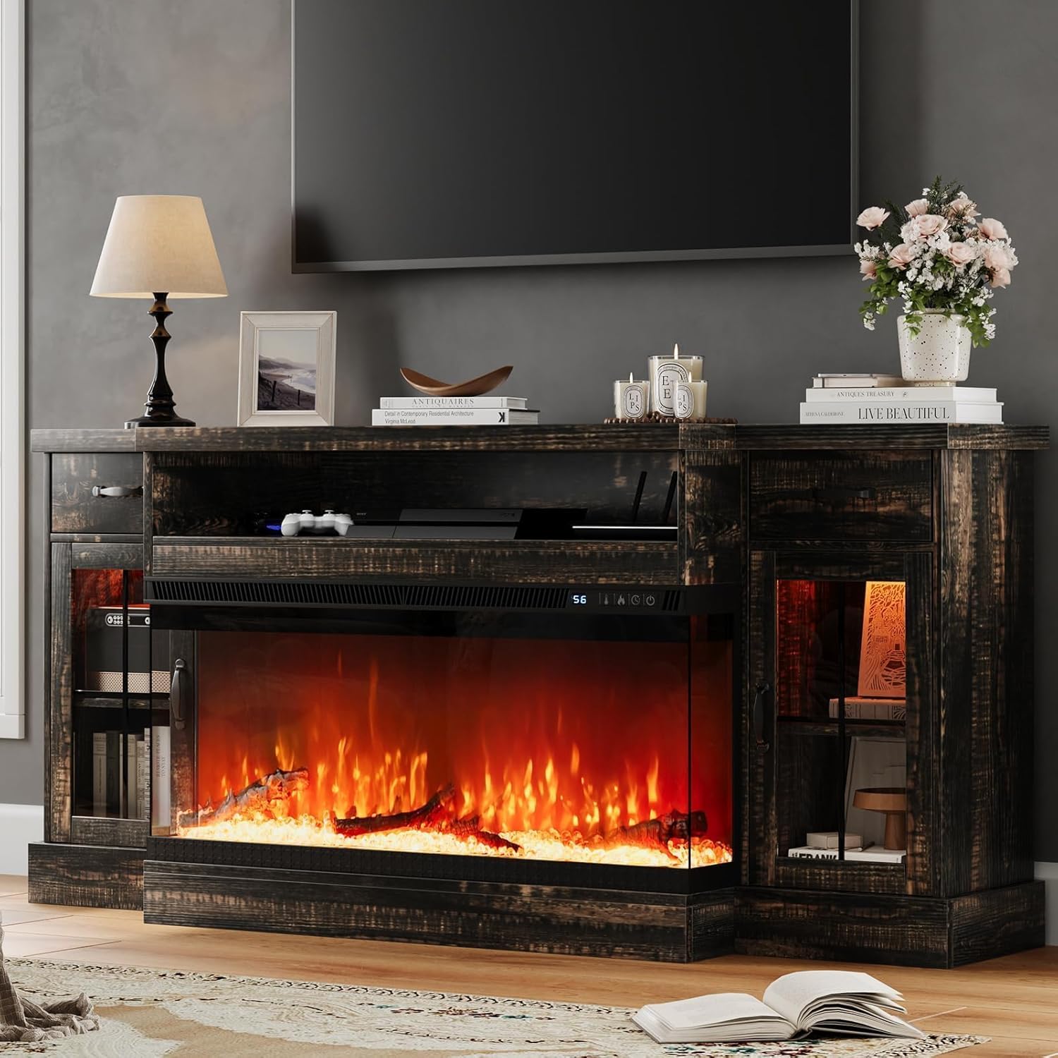 4 EVER WINNER Fireplace TV Stand with 40" Electric Fireplace for 80" TV, 70" Entertainment Center with Adjustable Storage Cabinets (Off-Oak)