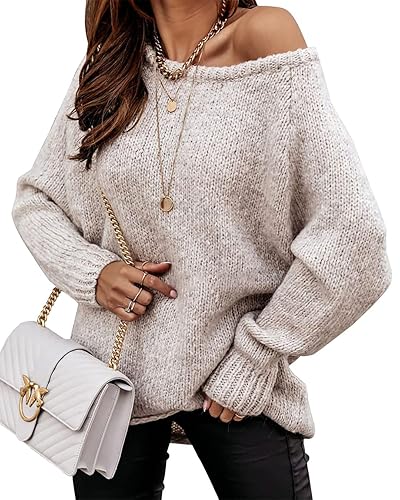 BTFBM Women Casual Long Sleeve Fall Sweaters Crew Neck Solid Color Soft Ribbed Knitted Oversized Pullover Loose Fit Jumper - Small - Solid Apricot