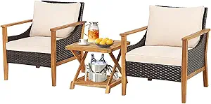 Tangkula 3 Pieces PE Wicker Patio Bistro Set, Outdoor Acacia Wood Conversation Set with Cushions and 2-Tier Coffee Table, Outdoor Patio Porch Furniture Set (Natural)
