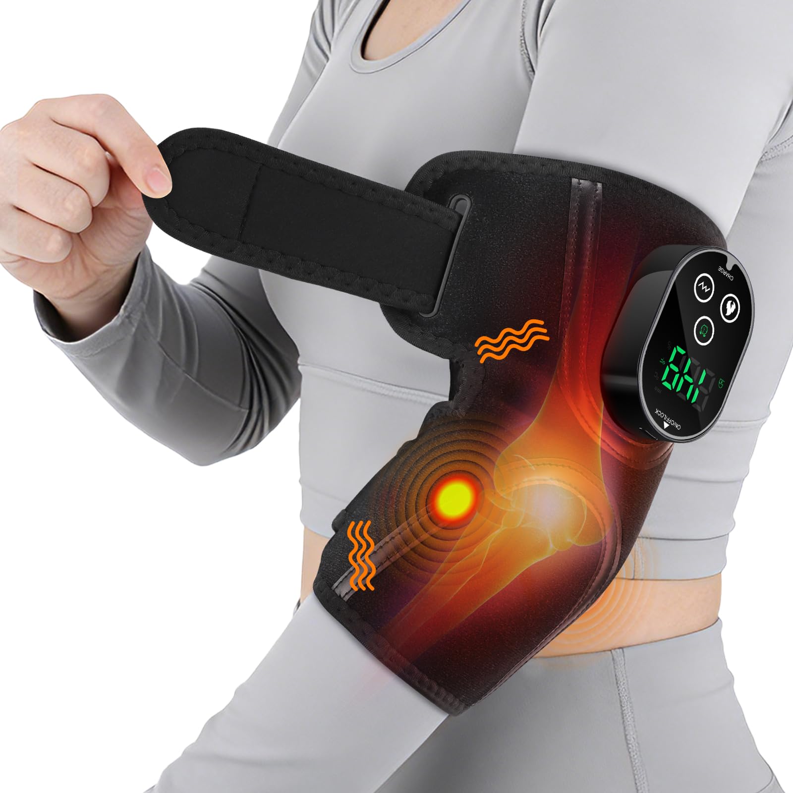 Cuscinetto riscaldante per gomito senza fili per tendinite e gomito del tennista, massaggiatore per gomito per alleviare il dolore, Cuscinetto riscaldante ricaricabile per braccio con batteria da 5000