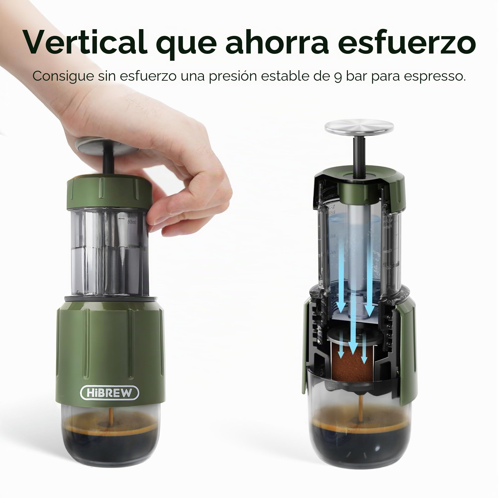 HIBREW H4D - Cafetera espresso manual para acampar y viajar, cafetera portátil con bomba de mano, taza integrada, compatible con café molido 2 en 1 y cápsulas originales Nes