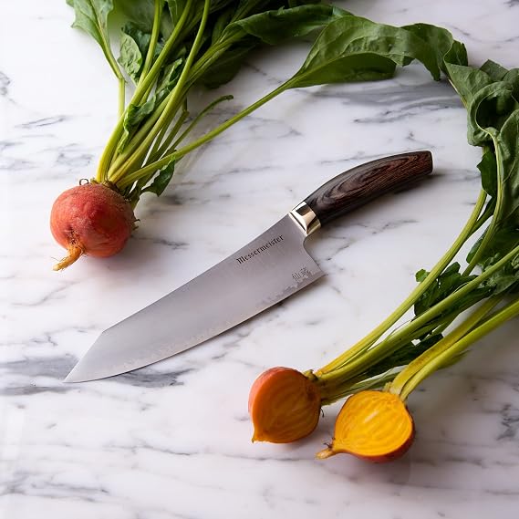 Messermeister Kawashima 8 Chefs Knife - SG2 Powdered Steel, Eco-Brass Bolster & Walnut Pakkawood Handle - Made in Seki, Japan