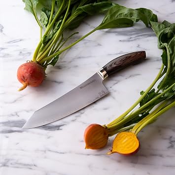 Messermeister Kawashima 8 Chefs Knife - SG2 Powdered Steel, Eco-Brass Bolster & Walnut Pakkawood Handle - Made in Seki, Japan
