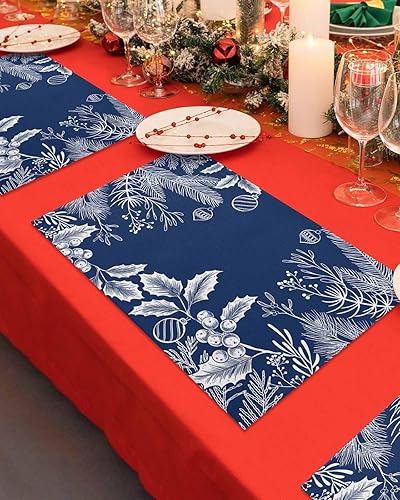 Miniatura 7 de Juego de 6 manteles individuales azules de Navidad, diseño floral de hojas de pino, resistentes al calor, lavables, manteles individuales de algodón