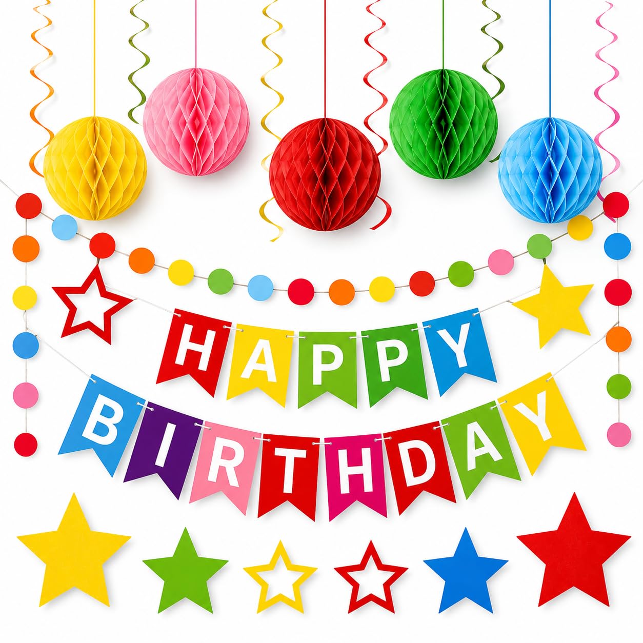 Birthday Decorations Kit Multicolour – Happy Birthday Banner, Paper Party Decorations Pack with Honeycomb Balls, Hanging Swirls & Circle Garland – Birthday Party Supplies for Kids, Boys & Girls