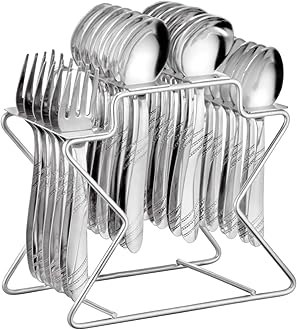 Parage Miracle Stainless Steel Cutlery Set of 25, Contains, Dinner Spoons Set of 6, Tea Spoon Set of 6, 6 Fork, 6 Soup Spoons, 1 Stylish Stand, Elegant Cutlery Set for Dining Table, Mirror Polished