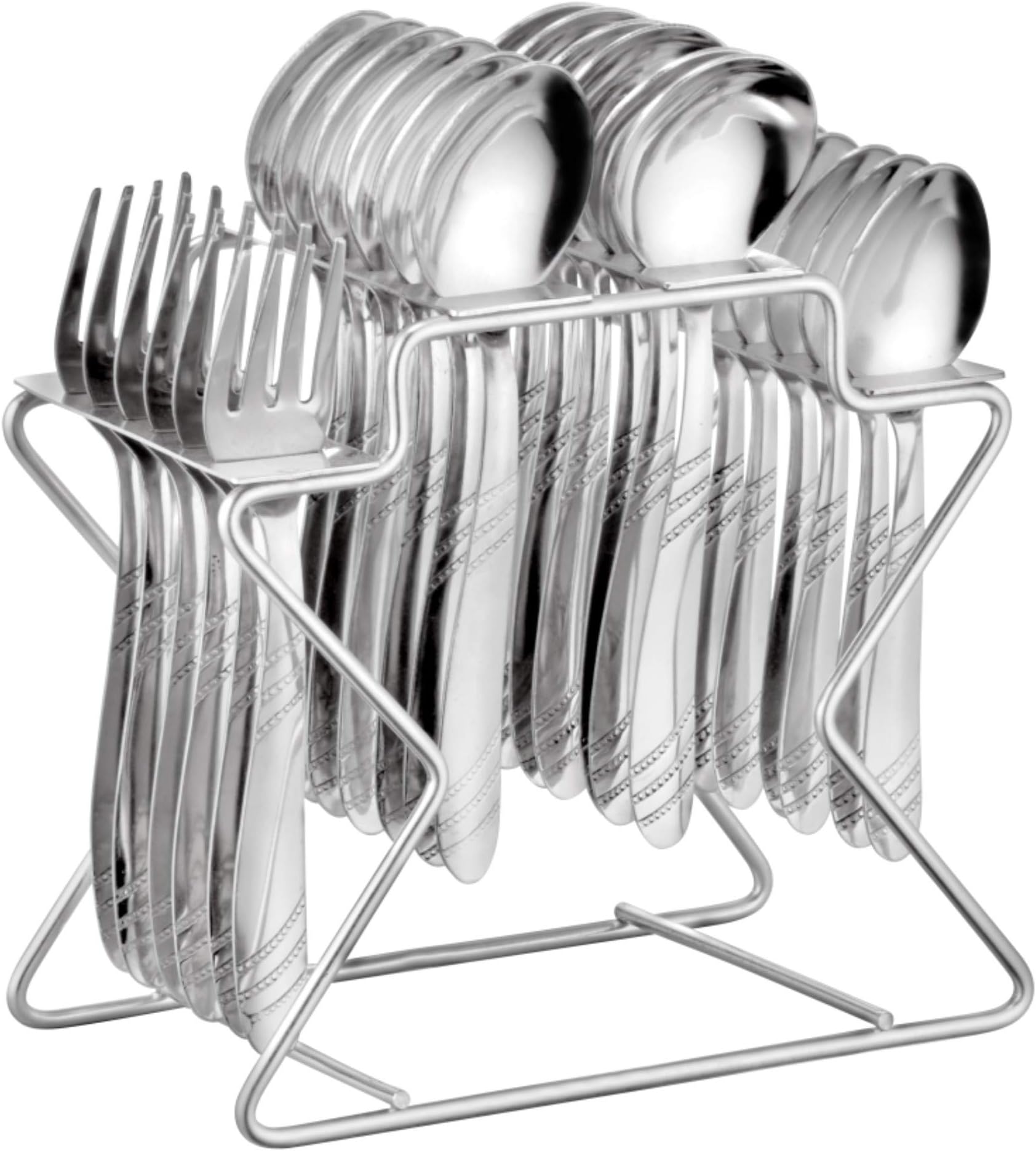 Parage Miracle Stainless Steel Cutlery Set of 25, Contains, Dinner Spoons Set of 6, Tea Spoon Set of 6, 6 Fork, 6 Soup Spoons, 1 Stylish Stand, Elegant Cutlery Set for Dining Table, Mirror Polished