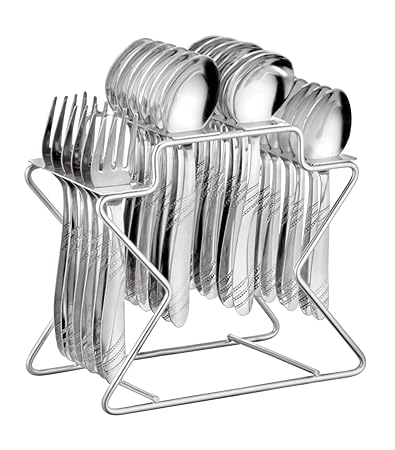 Parage Miracle Stainless Steel Cutlery Set of 24, Contains Master Spoons Set of 6, Table Spoon Set of 6, 6 Fork, 6 Soup Spoons, 1 Stylish Stand, Elegant Cutlery Set for Dining Table, Mirror Polished