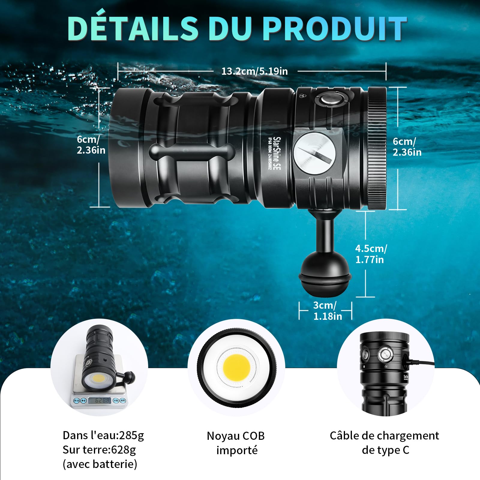 SE 7500 lumens Lampe de plongée – Lampe vidéo sous-marine professionnelle avec CRI 92, lumière blanche 5200K, pour la plongée et la photographie sous-marine (étanchéité IP68, profondeur 100m)