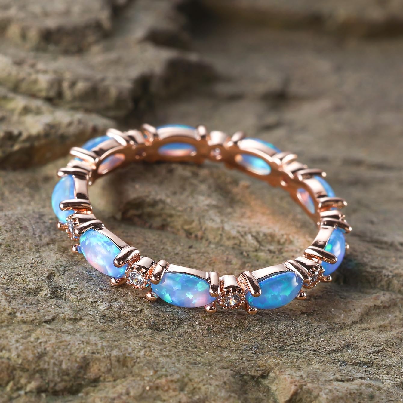 Opal Ring for Women Rose Gold Plated 925 Sterling Silver Opal Engagement Wedding Promise Rings Jewelry Gifts for Her (7, Rose Gold,Blue Opal) - Image 4