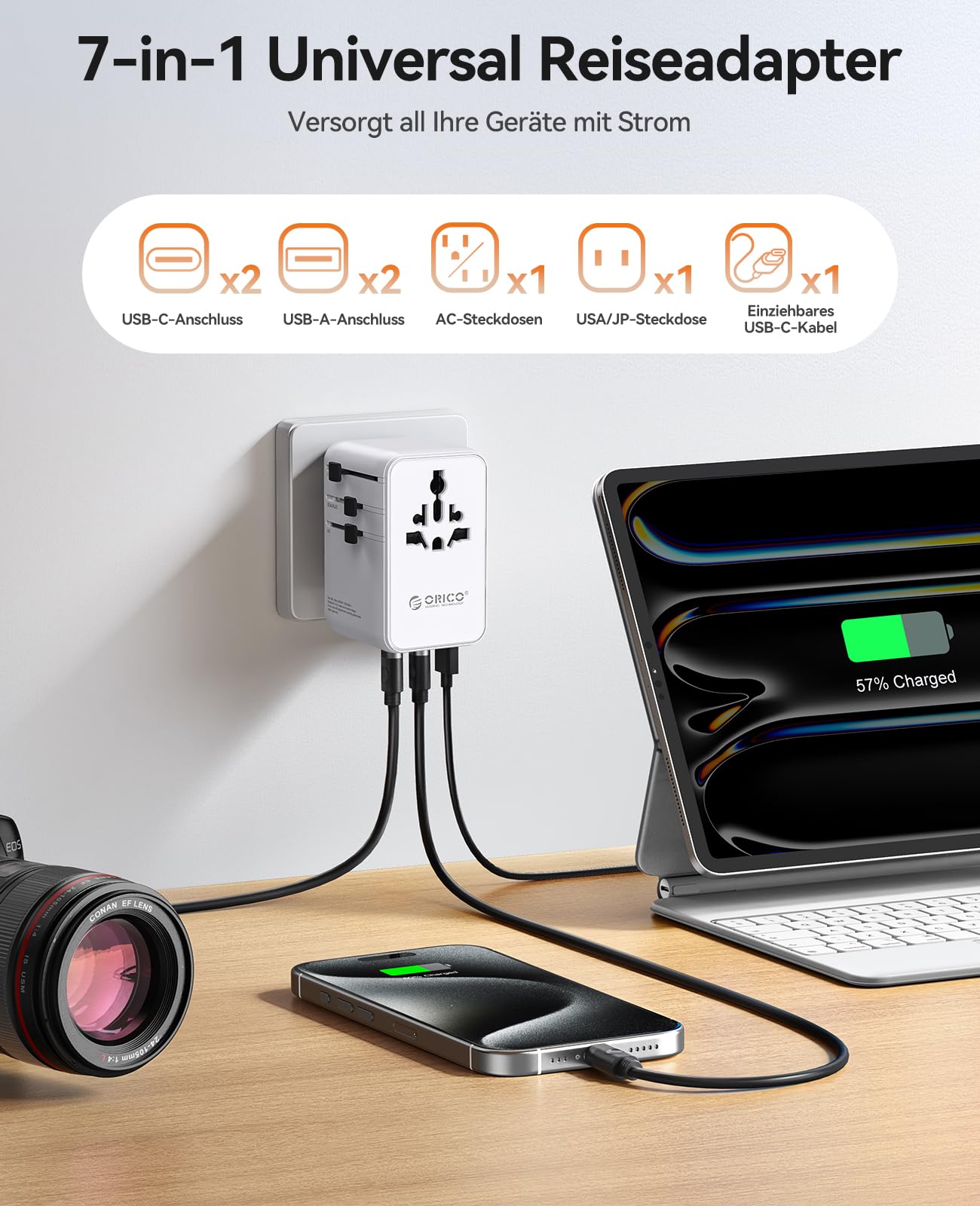 ORICO 70W GaN Reiseadapter mit Ausziehbarem Kabel, 7-in-1 Reisestecker, 3USB-C 2USB-A 2AC, 2 Sicherungen, Internationaler Adapter für Europa, UK, USA, Asien - UAX(Weiß)