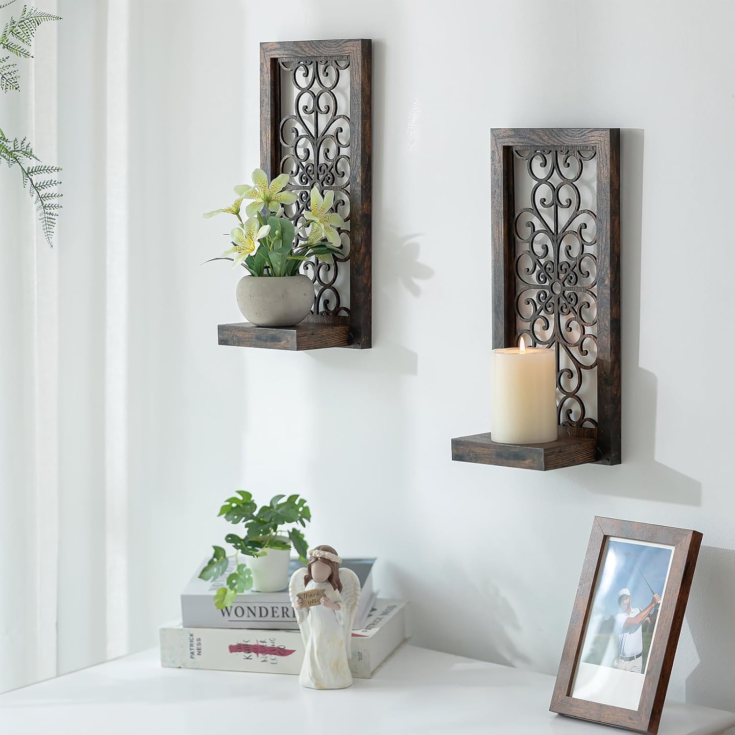 Mirrored Wall Candle Holders Decorative White - Farmhouse Wall Candle Sconces Set of 2 Washedwhite Candle Holder Decor for Small Vase Tealight Pillar Candles