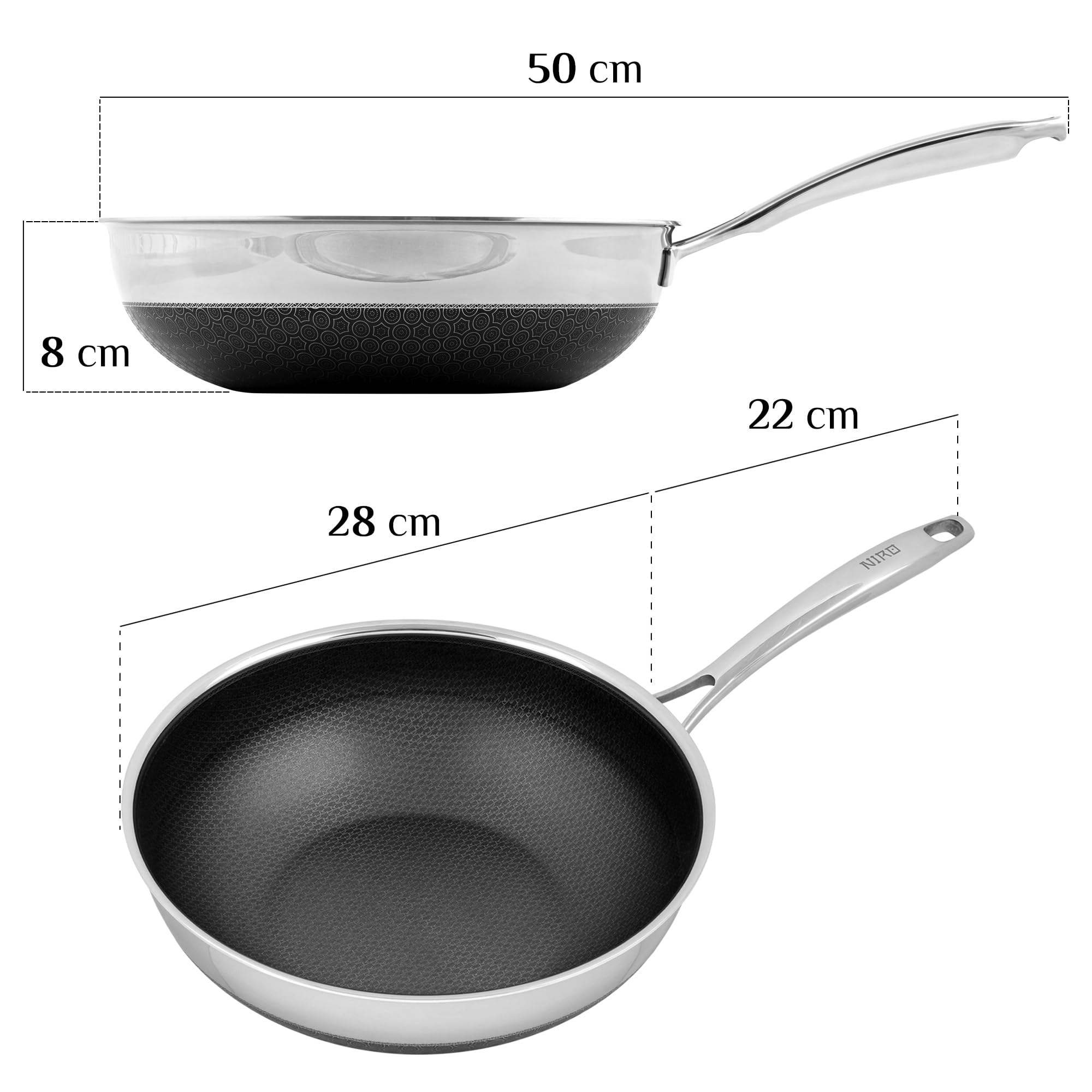 NIRO Wok Antiaderente Triplo Strato (Acciaio Inox + Alluminio) Ø28cm, COPERCHIO INCLUSO, Antigraffio, NO PFOA, Per Piano Cottura Induzione, Ceramica, Elettrico, Gas, Forno, Manico Anti Scottatura