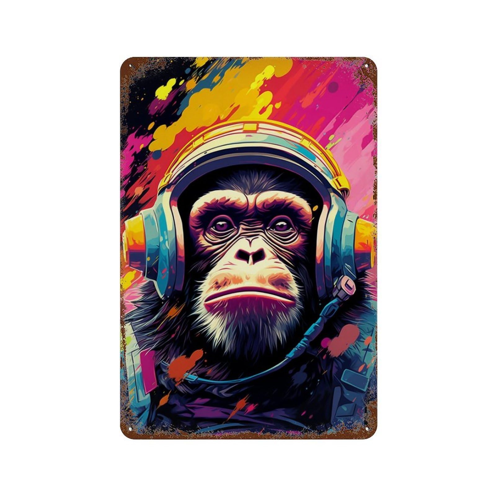 Chimpanzee Astronaut Art Print Distressed Metal Wall Sign 11.8"x7.9", Shabby Chic Decor for Garage, Pub Or Kitchen