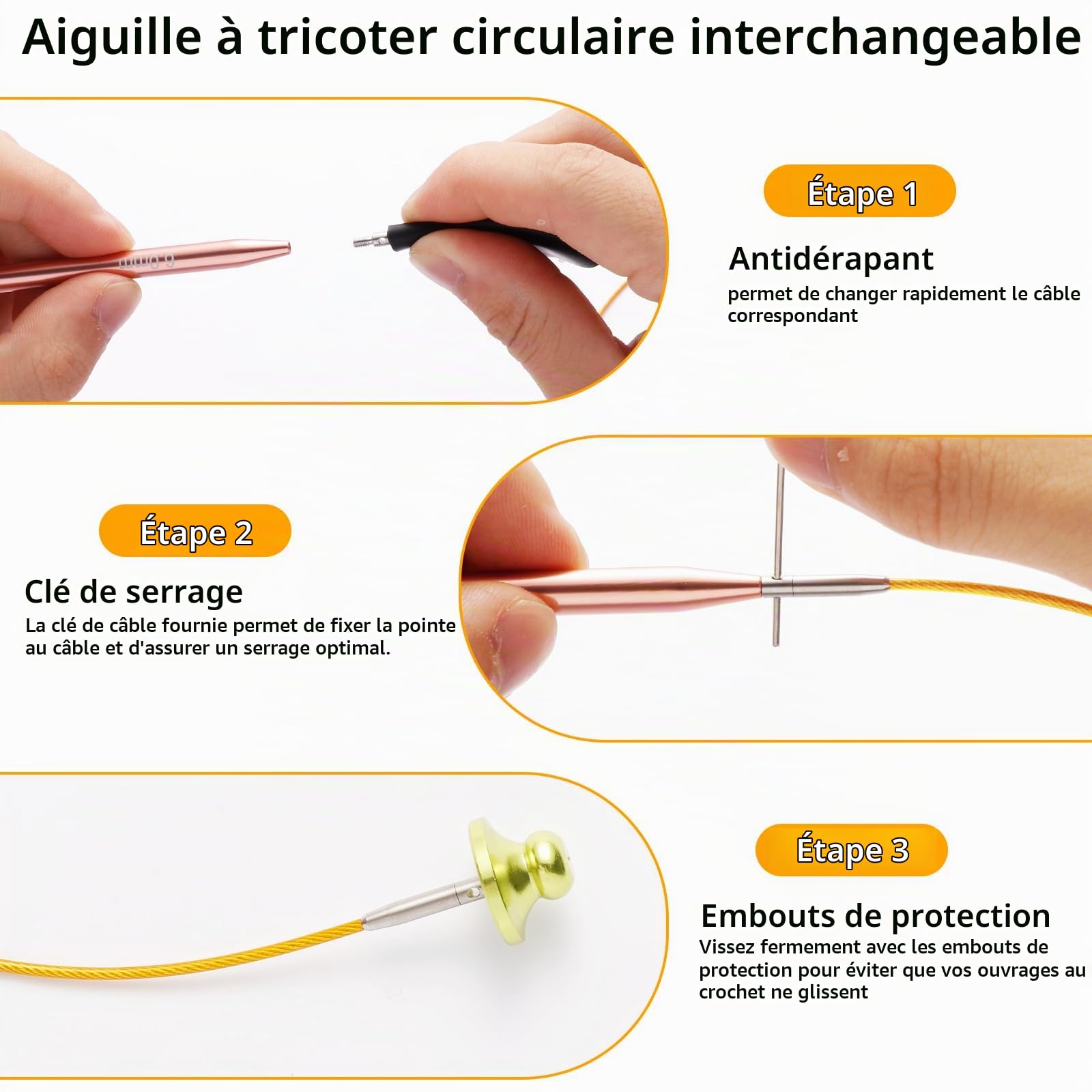 Iswawo Lot de 13 paires d'aiguilles à tricoter circulaires interchangeables de 3,0 à 10,0 mm - Avec 4 sacs à cordes, pour projets de tricot, débutants et professionnels, en aluminium (or rose)