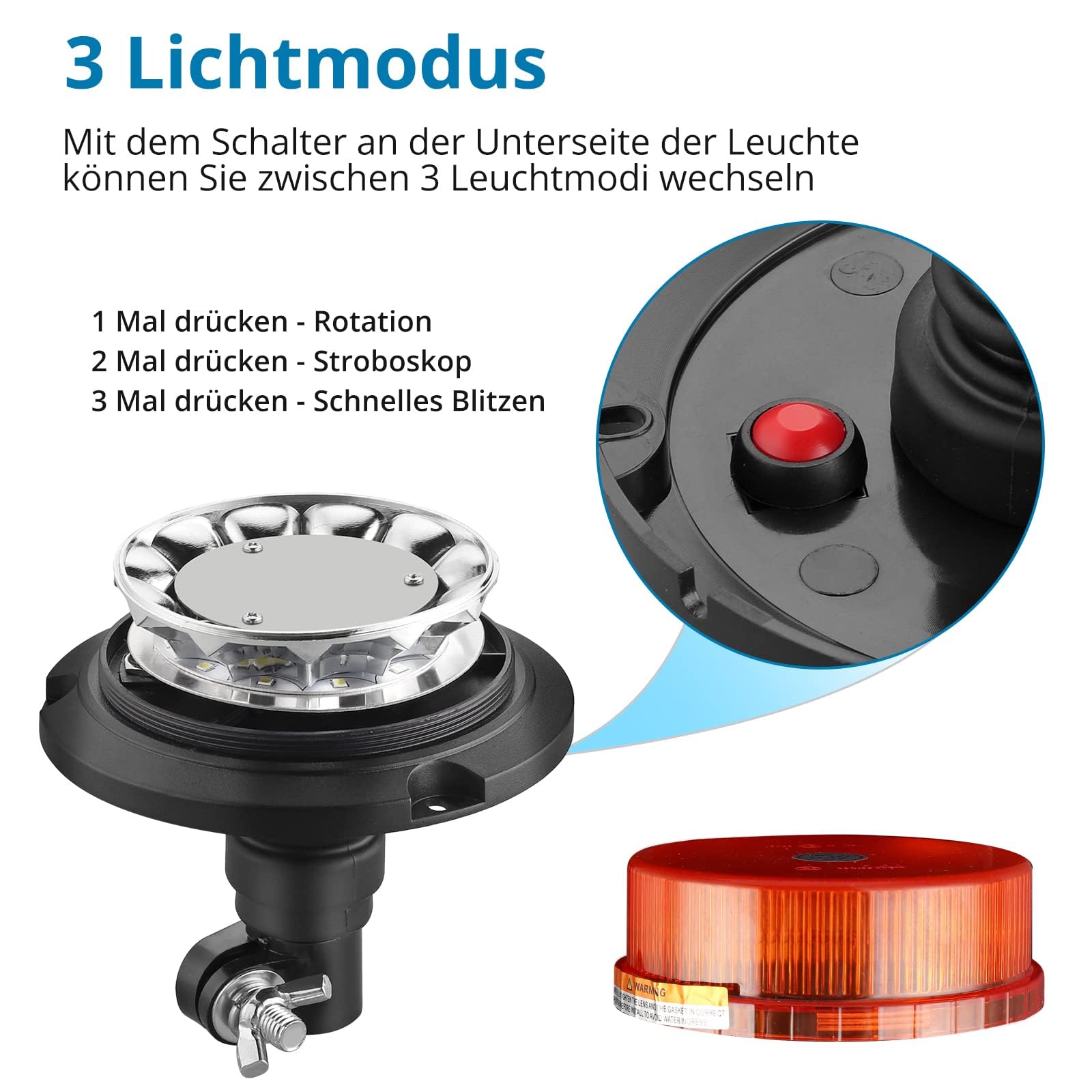 AUTOUTLET 2 szt. Pomarańczowy obrotowy reflektor LED 10 V-30 V Flash Beacon Elastyczny DIN 12 diod LED, 3 tryby oświetlenia, wodoodporne, pyłoszczelne, dla policji, wozu strażackiego, karetki
