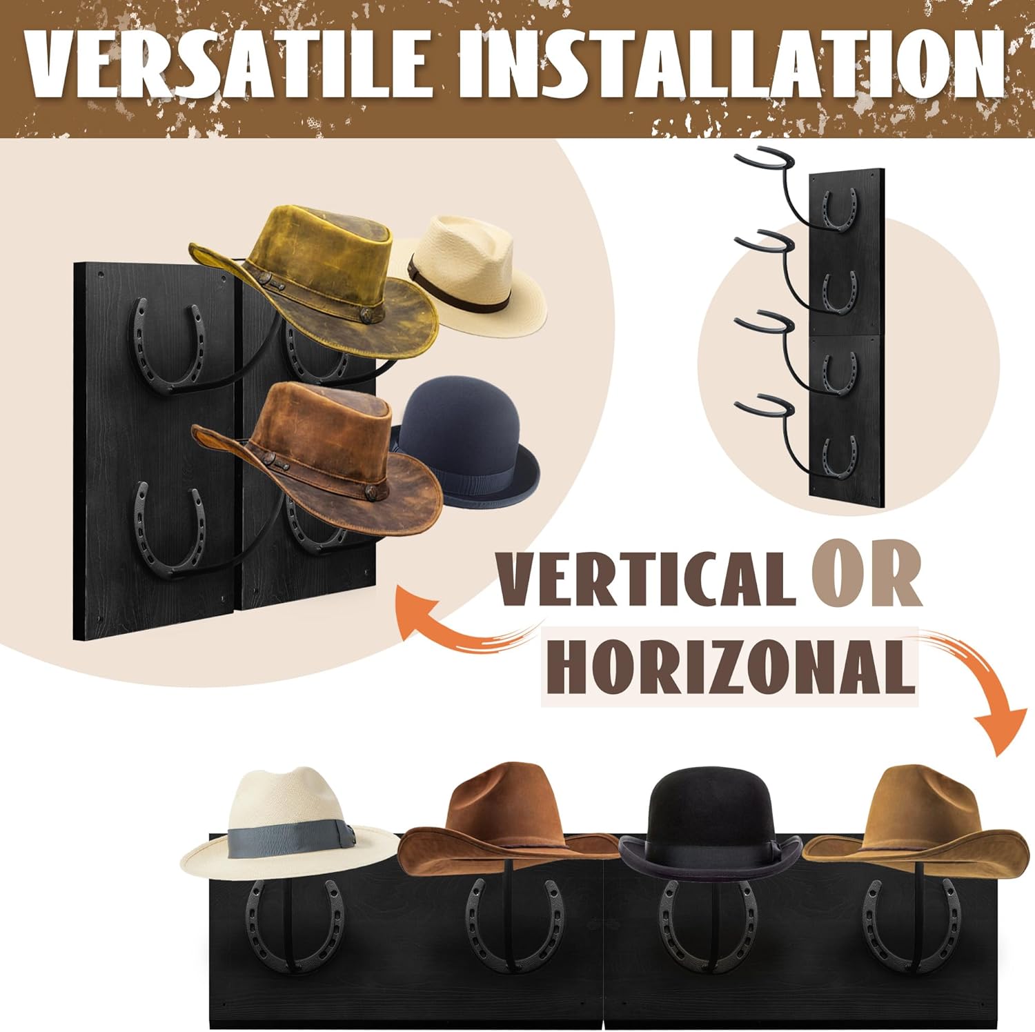 Montex Cowboy Hat Rack For Wall Mount, Wooden Cowboy Hat Holder 4 Hats, Hanging Western Hat Rack 2 Pack, Hat Organizer with Horseshoe Mounts Western, Black