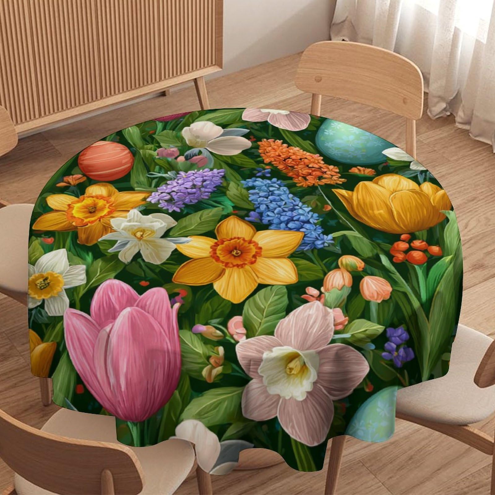 LUYYSKY Modern Art Colorful Eggs Waterproof Round Tablecloth Beautiful Watercolor Easter Spring Natural Tulips Flowers Print Washable Table Cover for Kitchen-177.8" Wx177.8 L cm