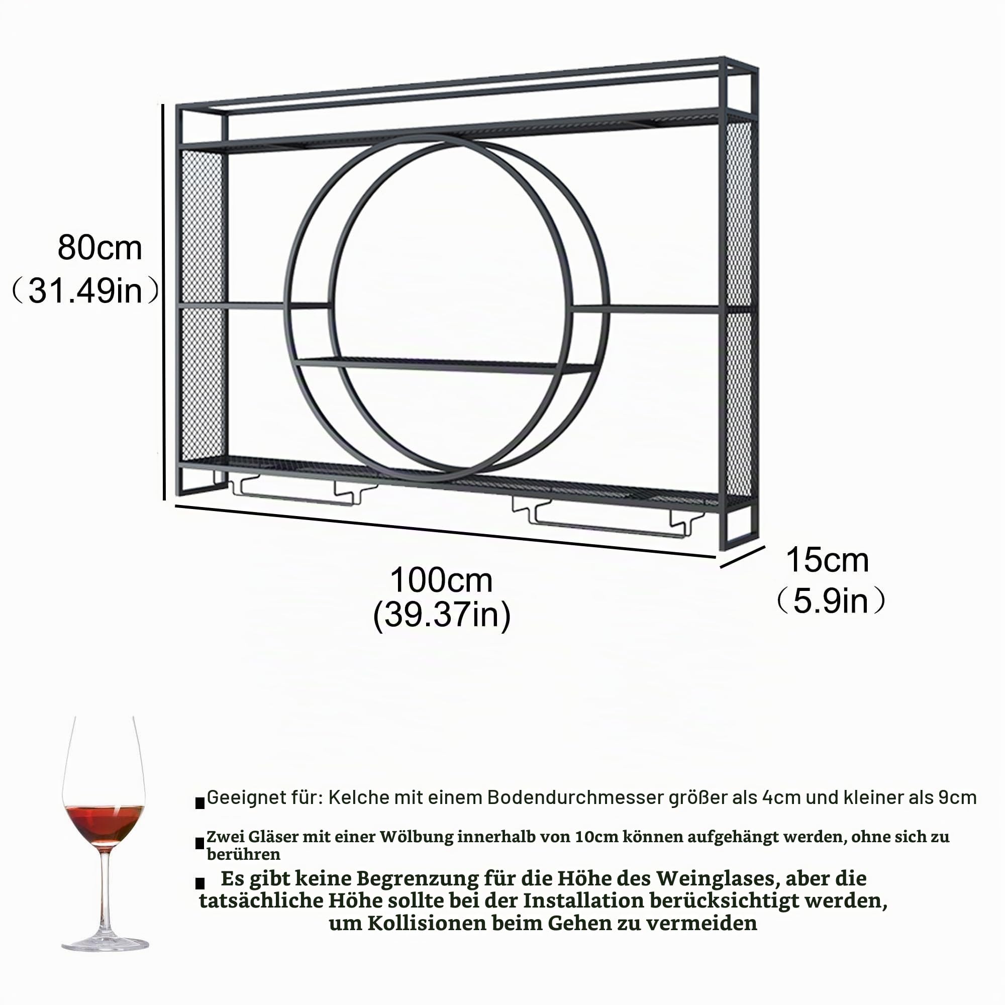 Weinregal Wand Metall Flaschenregal Schmal Wine Rack Bar Regal Wand mit Weinglashalter Getränkeregal Weinständer Esszimmermöbel für Bartheke Wohnzimmer Küche Home Bar(Nero,100cm/39.37in)