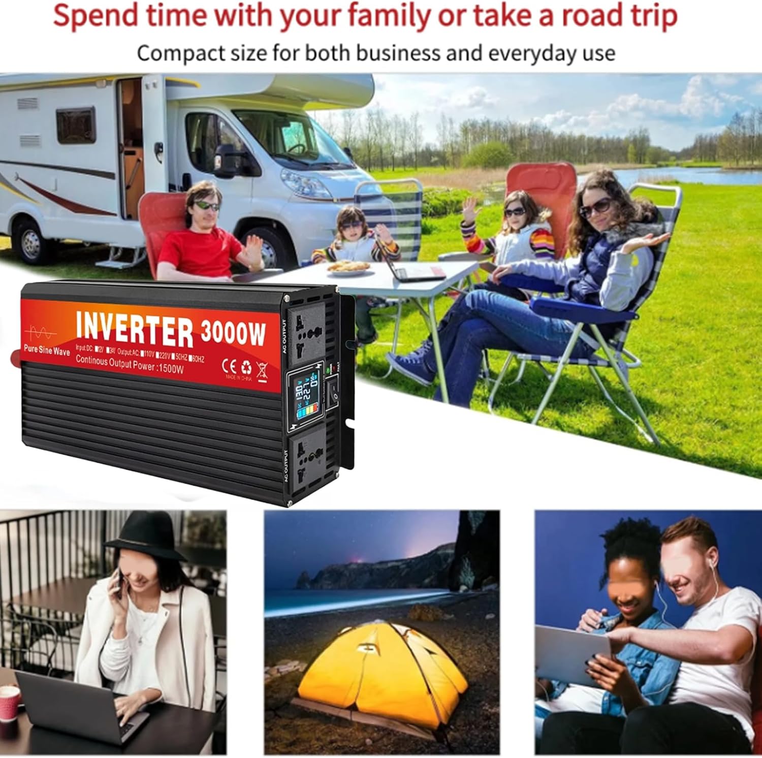 3000W DC 12V-72V Pure Sine Wave Inverter Charger Split Phase DC Input AC Output 120V/240V Low Frequency Solar Power Inverter Converter for Home, RV, Truck,12v to 220v