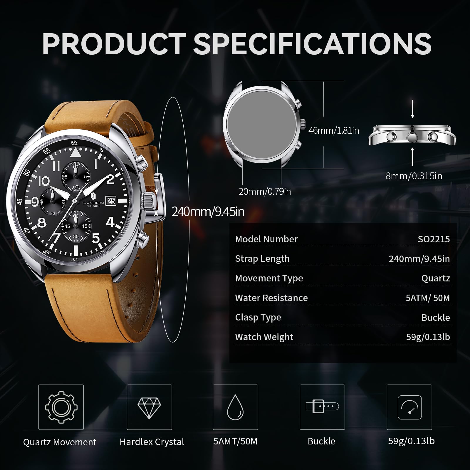 SAPPHERO Orologio da uomo orologio al quarzo analogico con cinturino in pelle, classico orologio da uomo business, quadrante con numeri arabi, facile da leggere | Impermeabile fino a 30 m, design con data, sportivo, casual, business, elegante, regalo per