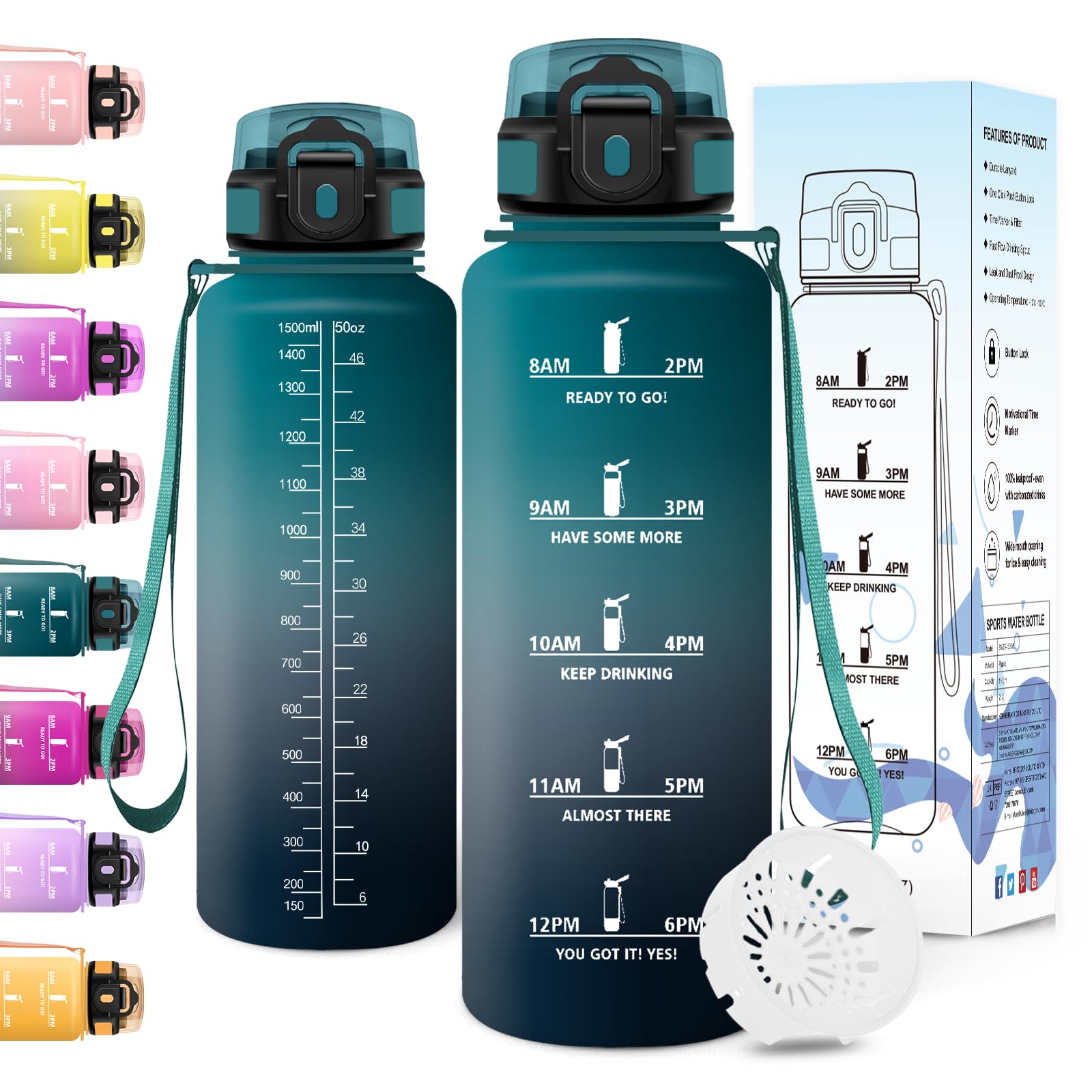 Motswedi Borraccia 1,5 litri, con Filtro, Borraccia Motivazionale, Prova di Perdite, Senza BPA, Bottiglia Acqua, con Marcatori di Tempo, per Palestra, Ufficio, Yoga, Ciclismo, Verde Scuro & Grigio