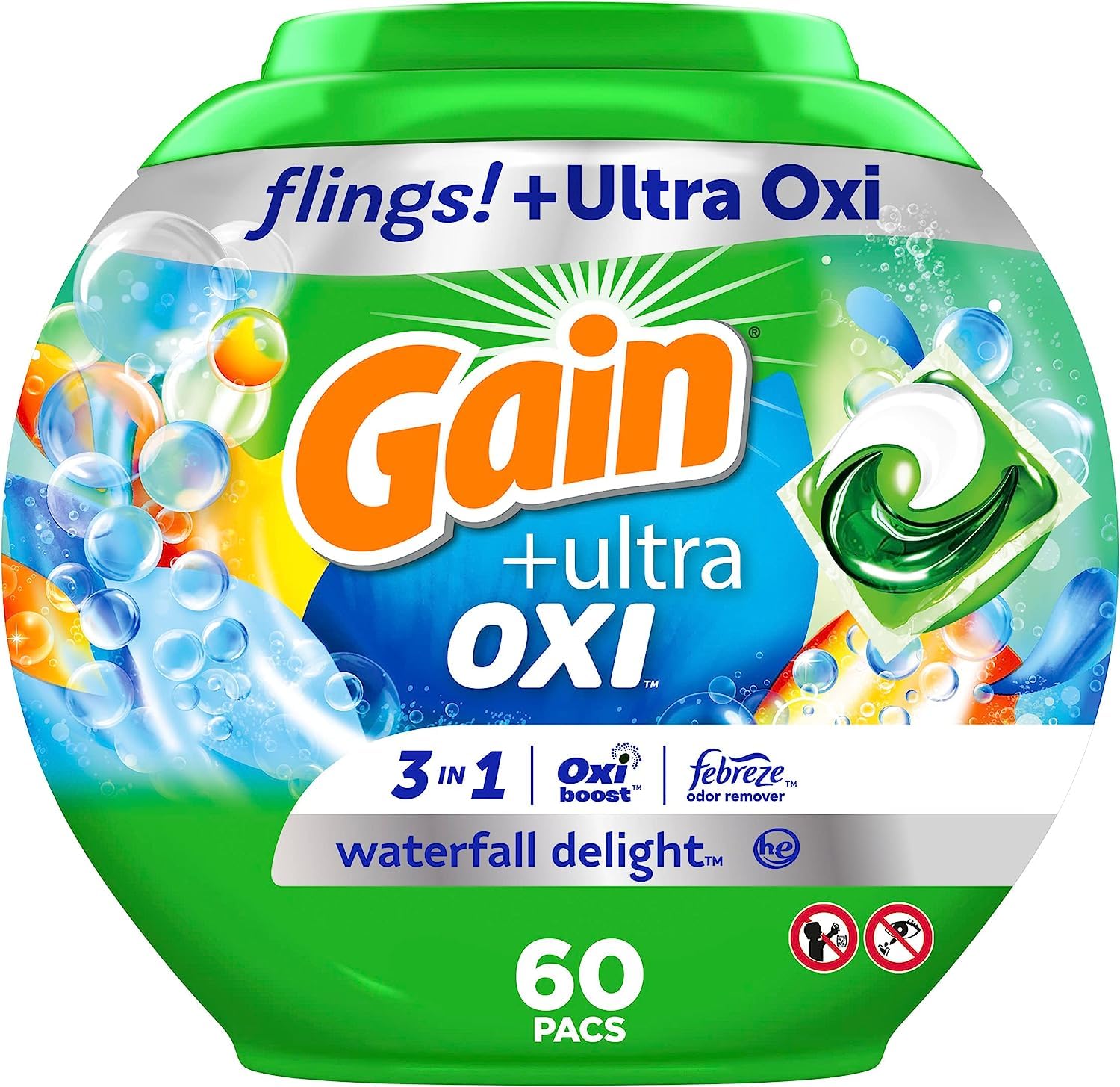 Gain flings Ultra Oxi Laundry Detergent Pacs, 60 Count, Waterfall Delight Scent, 3-in-1, HE CompatibleGreenCircle Certified: Certified Energy Savings