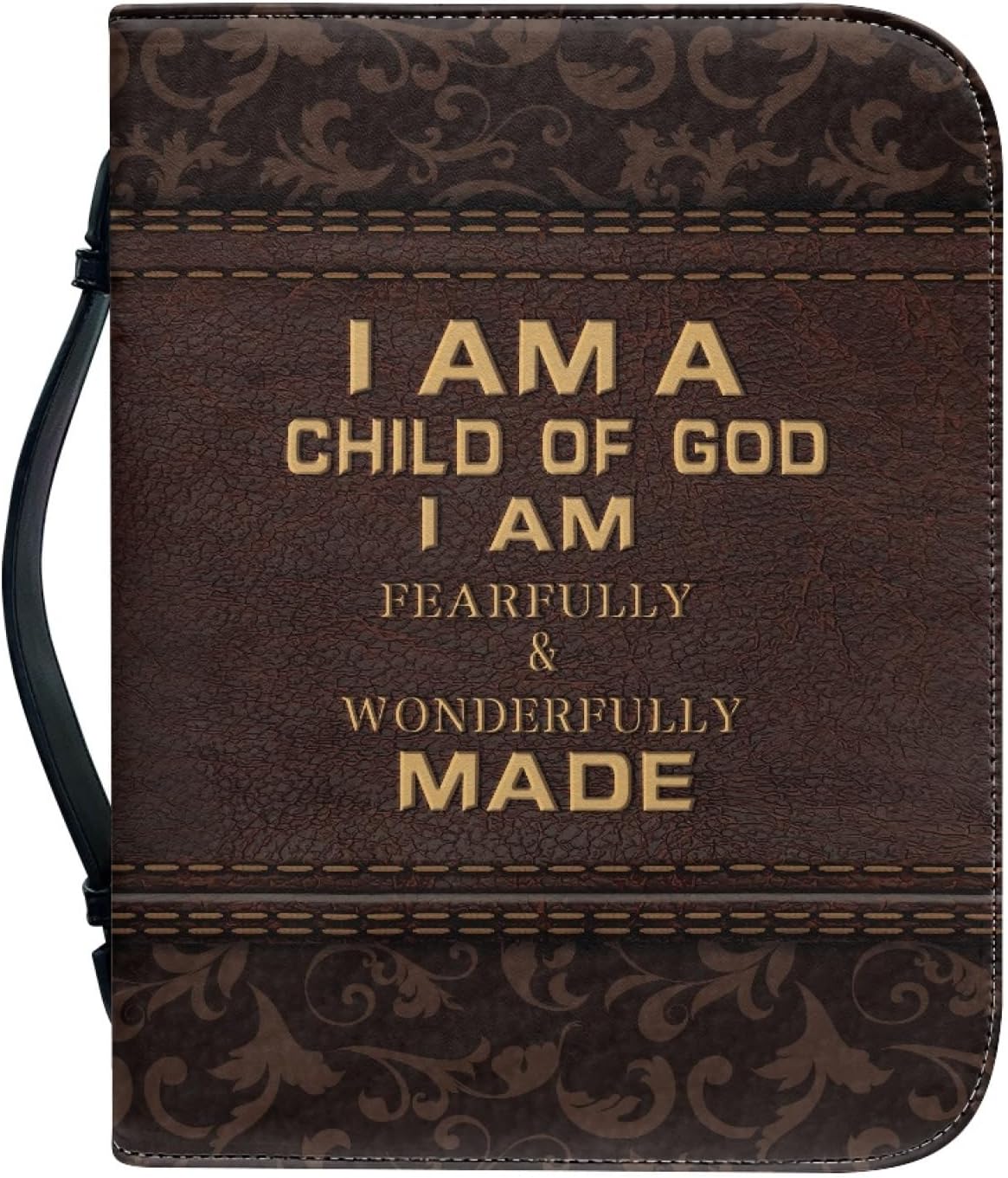 Kuiaobaty Lord Quotes Bible Cover Bag with Pockets, Brown Damask Print Book Sleeve PU Leather Zipper Case for Study Bible Small Large