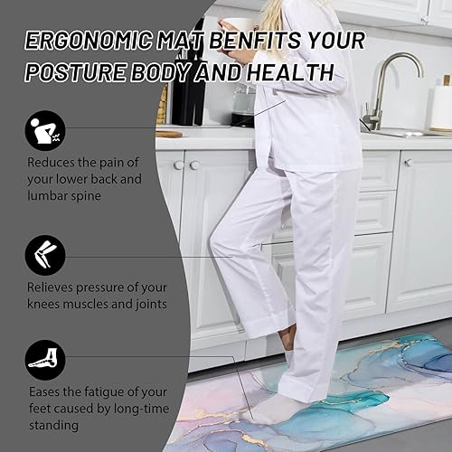 Miniatura 6 de Tapetes de cocina para piso, 2 piezas, antifatiga, tapete de cocina de mármol morado, impermeable, antideslizante, tapete de espuma viscoelástica