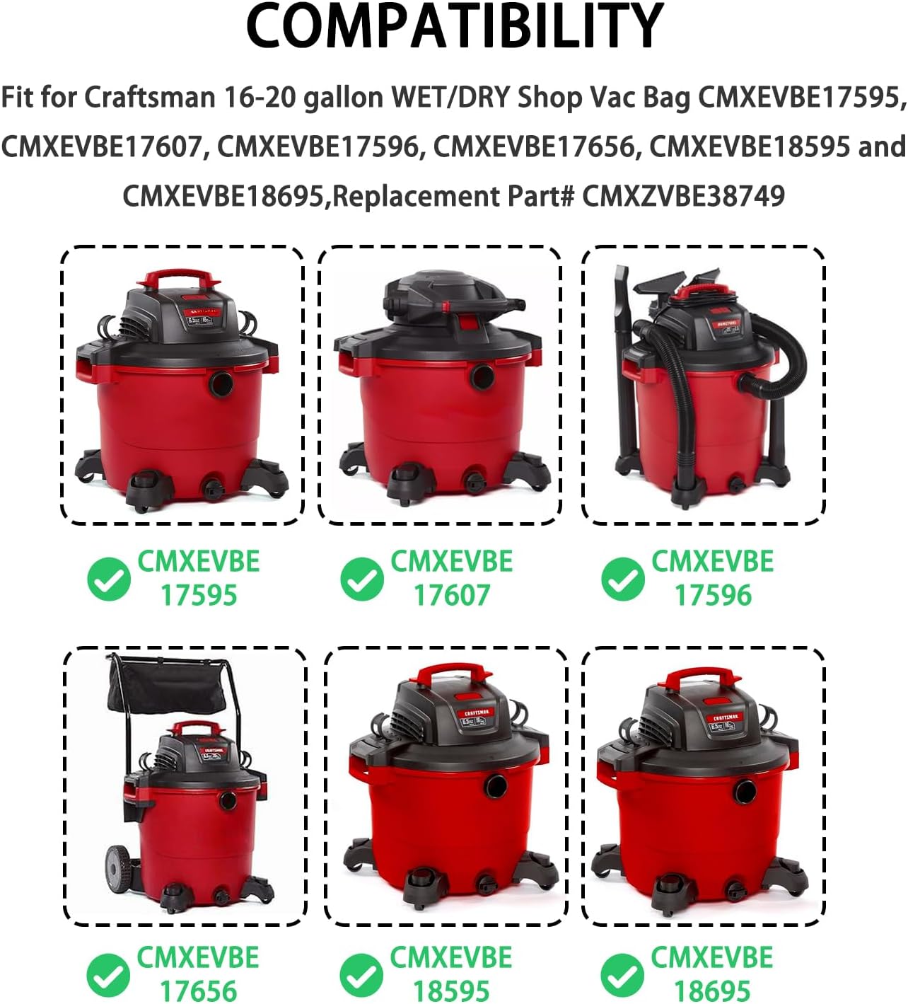 6 Pack CMXZVBE38749 For CRAFTSMAN 16-20 Gallon Wet/Dry Shop Vac Bags Part# 38749