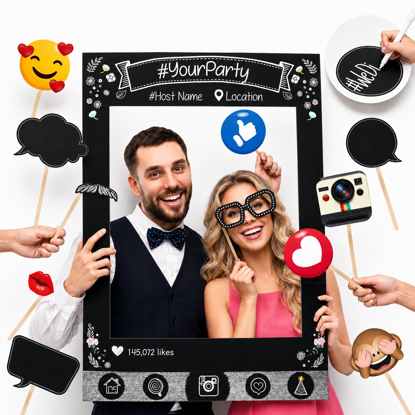 Glittery Garden Black Insta-Themed Social Media Party Photo Booth Selfie Frame With Emoji & Speech Bubble Props. Great As Vintage Background Photography For Birthday, Anniversary, Wedding Event Decoration