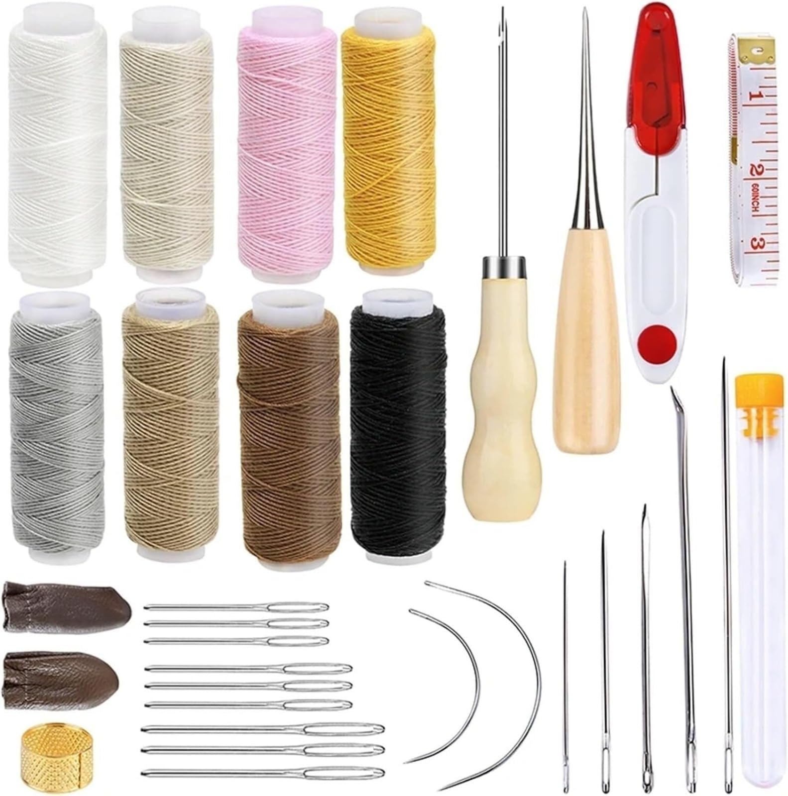 Kit de costura de cuero con agujas resistentes, hilos encerados y punzón para reparación de costuras a mano de tapicería, zapatos y bolsas, juego completo de herramientas para manualidades