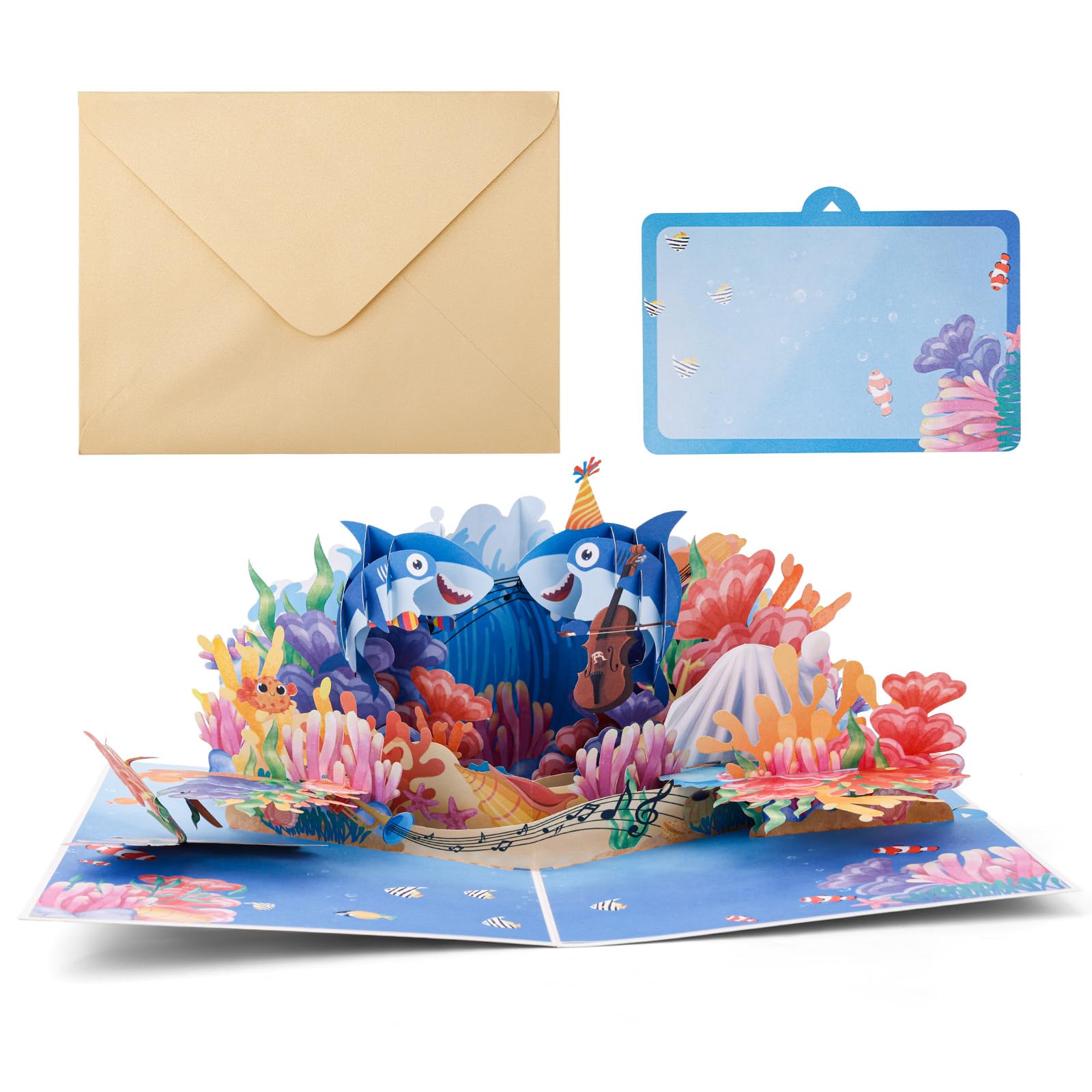 Penitue Pop Up Ocean Birthday Card, Shark Coral Reef Marine Life Themed 3D Greeting Card for Birthday Anniversary Boys Girls Men Women Kids Sea Lovers Includes Envelope