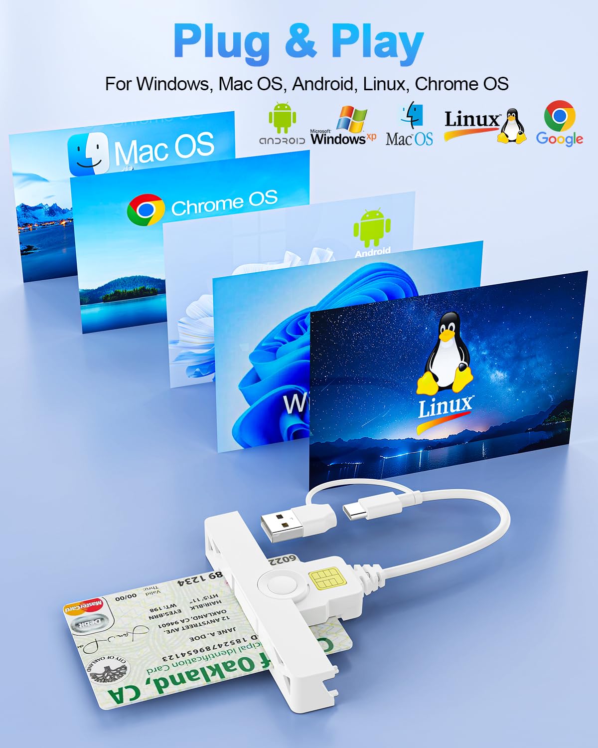 2en1 Lecteur de Carte identité USB-C&USB-A,Mini Smart Card Reader Lecteur de Carte à Puce SIM Militaire Compatible avec ISO 7816 Classe A,B,C,CAC/Carte D'identité à Puce pour Windows, Mac OS et Linux