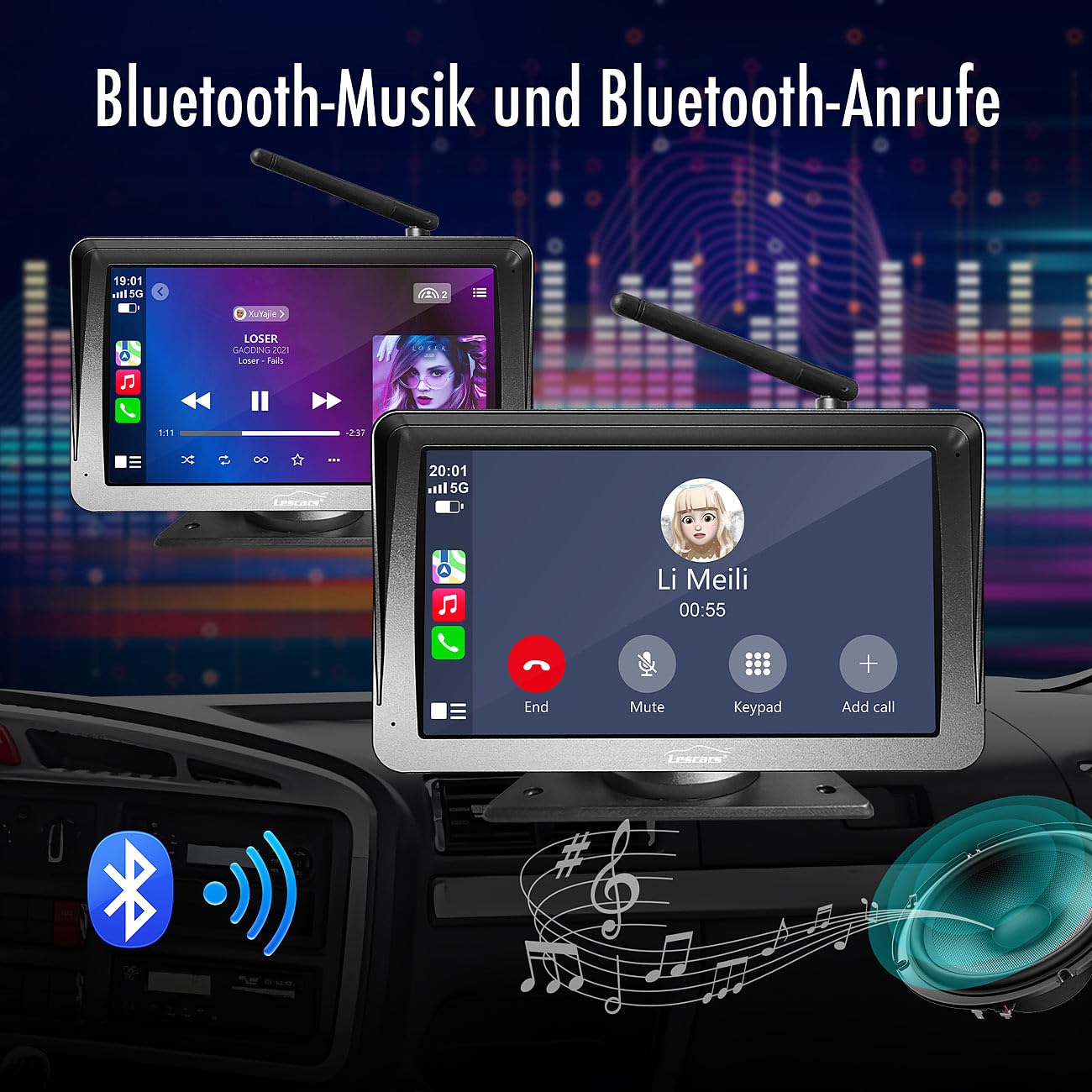 Lescars Einparkhilfe: Kabelloses Solar-Funk-Rückfahrkamera-Set, CarPlay-/Android-Auto-komp. (Abstandssensor & Rückfahrkamera, Carplay kompatible, Navi)