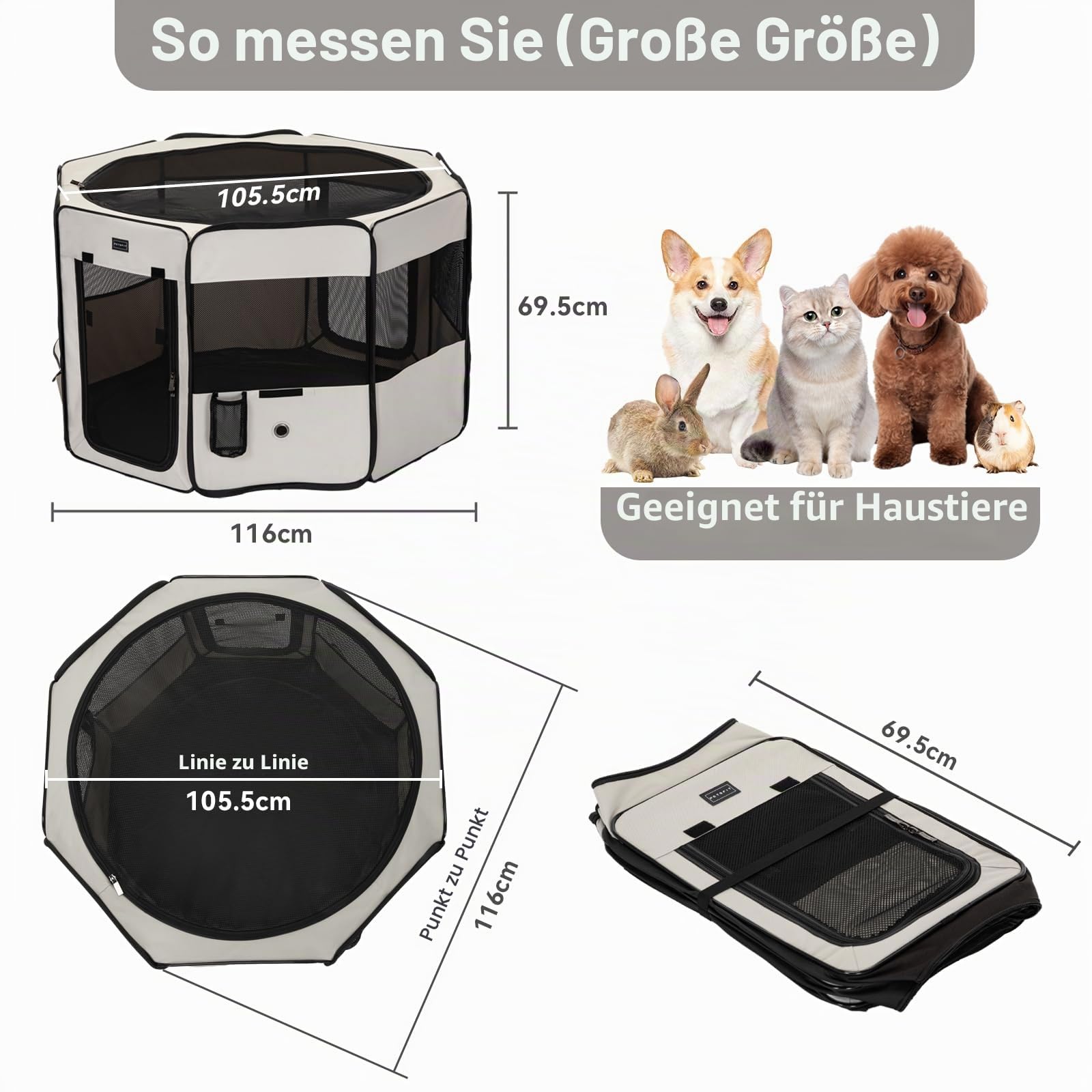 PETSFIT Hundegehege für den Innenbereich, Anti-Auslauf-Unterseite, faltbar, zusammenklappbar, Welpenlaufstall, kaufestes Design, Hunde-Laufstall innen, 116 × 106 × 72 cm, Beige