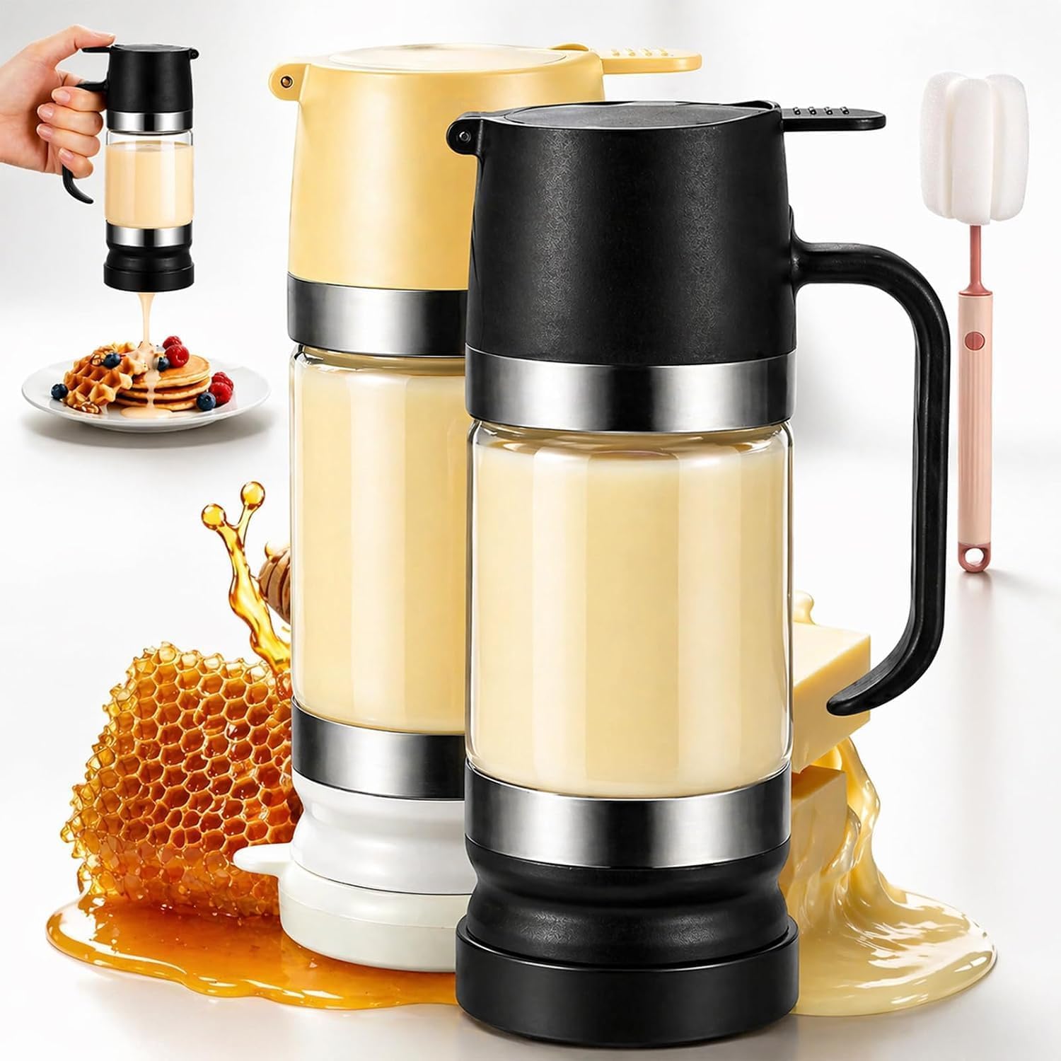 Mavqiorx 2026 New Dispensador De Leche Condensada, Glass Honey Dispenser with Stand No Drip, Maple Syrup Dispenser for Coffee and Tea Daily Use, Activities, Or Demonstrations (Black+Yellow-300ML)